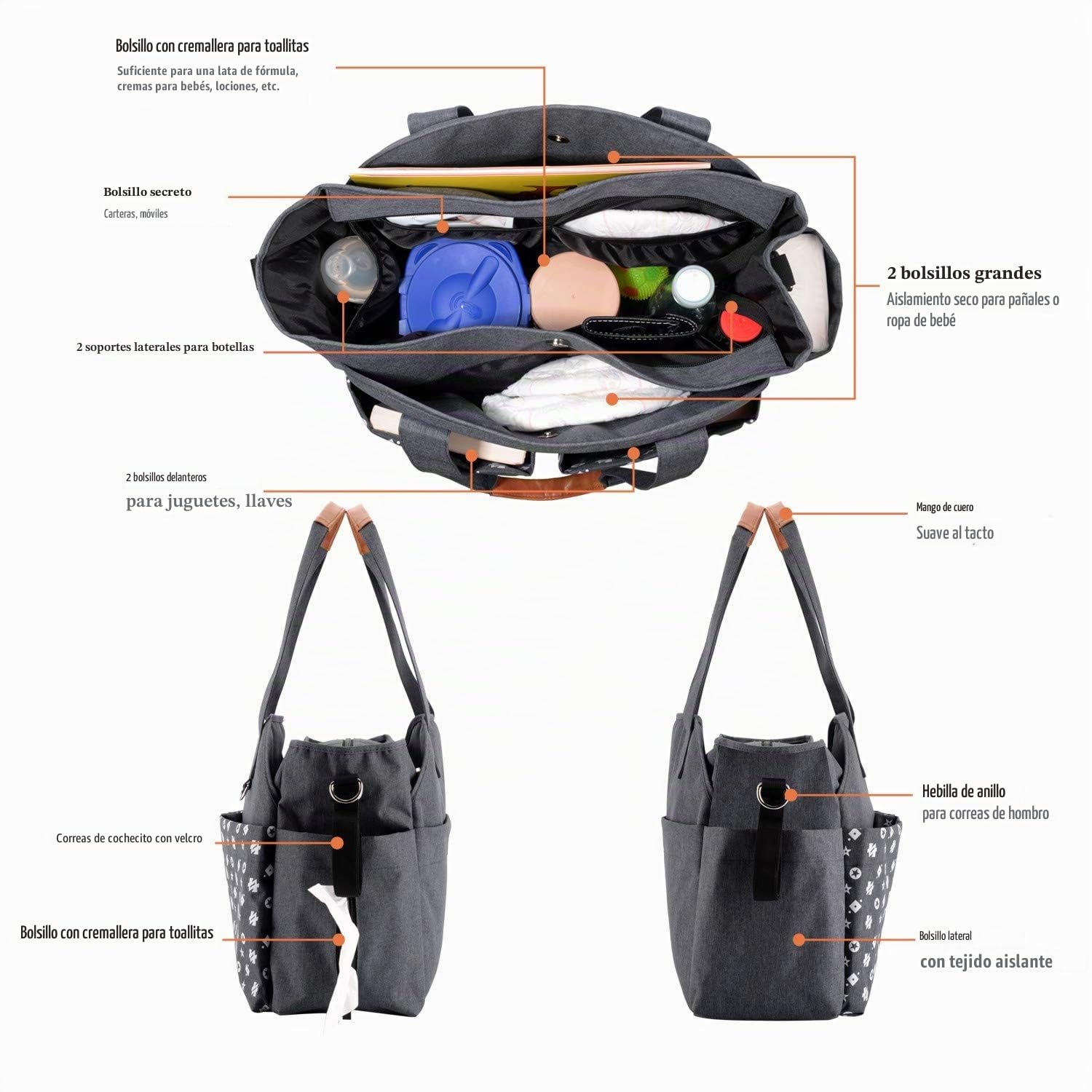 Homlynn Bolsa para cambiar pañales para bebés, materna messenger con correas para cochecitos (gris)
