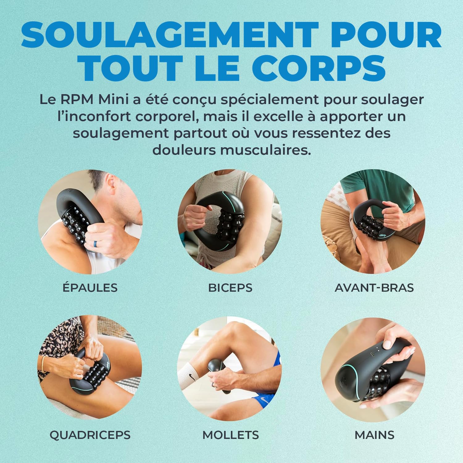 Chirp RPM Mini masseur à percussion roulante – Massage complet du corps, récupération musculaire & tissus profonds – Rechargeable, mains libres, rotation 3 vitesses
