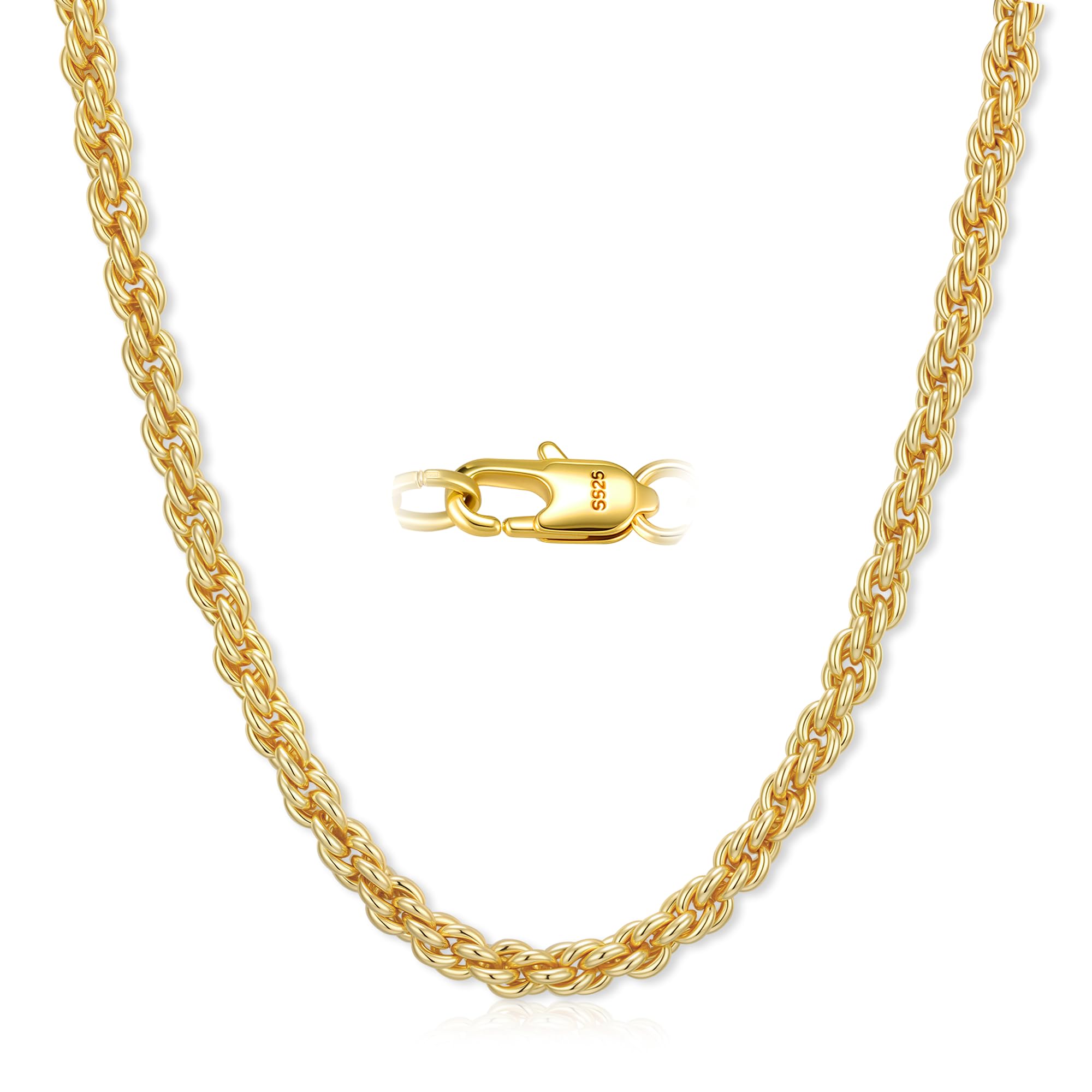 925 Sterling Silver Chain for Mens, 1.5/2.5/3/4mm 9ct Gold Plated Rope/Snake Mens Chain Necklace, Non-Tarnish & Waterproof, Gifts for Man 20/22/24 Inch