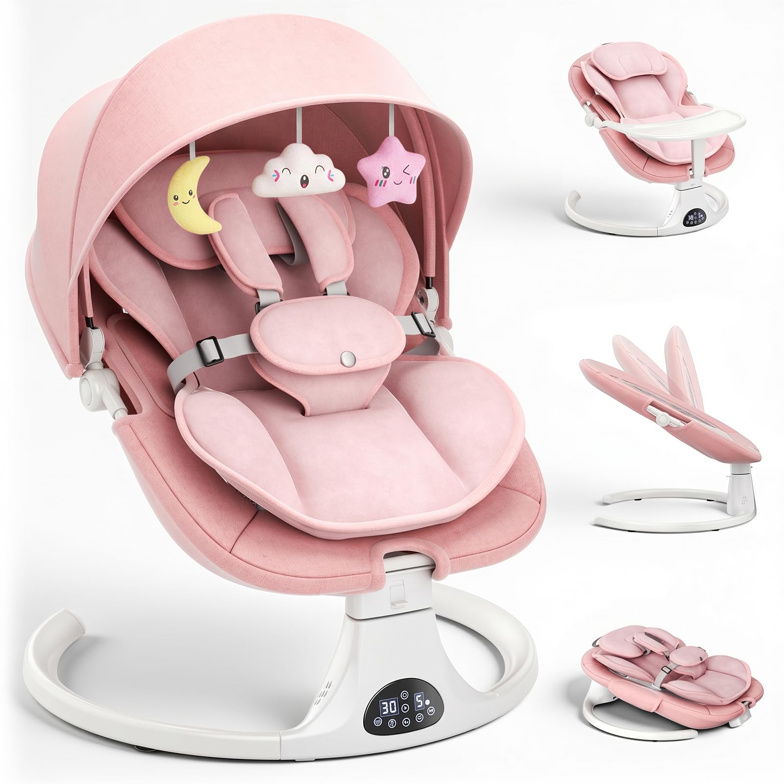 Dossier Réglable Transat Bébé Electrique, Balancelle Bébé Avec Coussin Amovible et Table D'appoint, Balançoire pour Baby avec 3 Minuteries et 5 Vitesses, 12 Mélodies, 3 Options D'alimentation (Rosa)