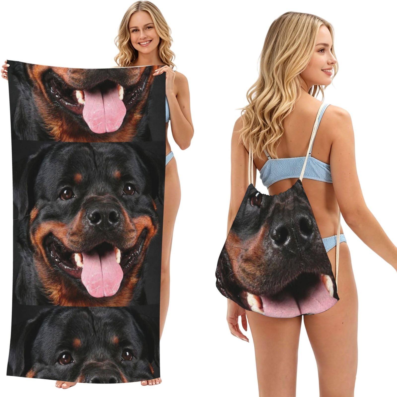 Poadnly As Picture Rottweiler Dog, 2 In 1 Packable Towel Bag, Beach Towels With Drawstring Backpack For Travel Holiday Camping