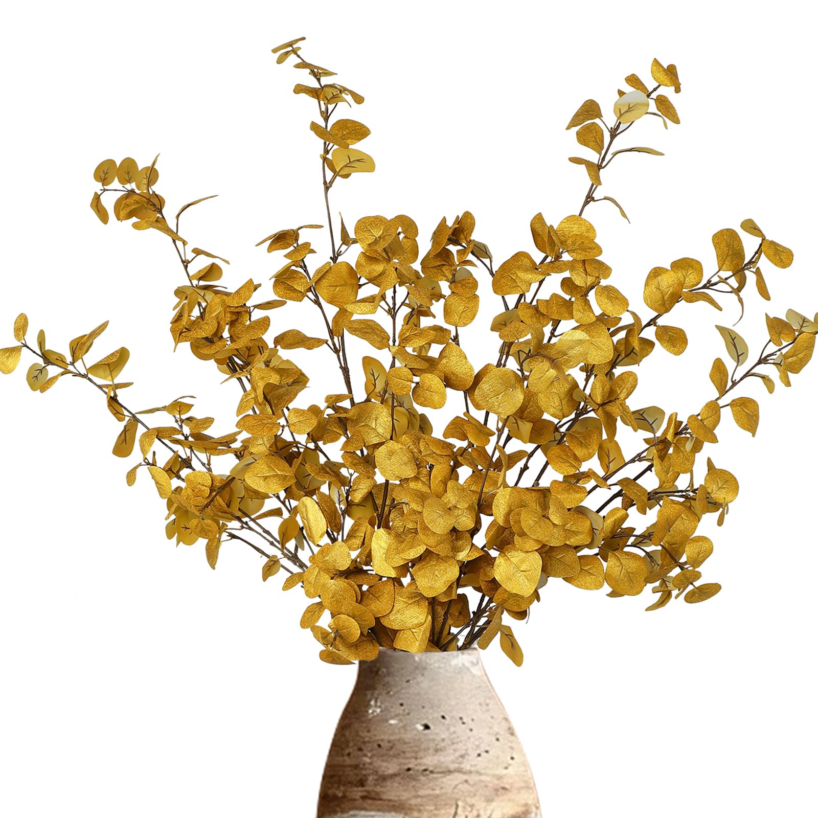 DuHouse 6 Pcs Gold Artificial Eucalyptus Stems,Faux Glitter Eucalyptus Branches for Christmas Wedding Holiday Centerpieces, Vase Filler, DIY Floral Arrangement, Home Decor