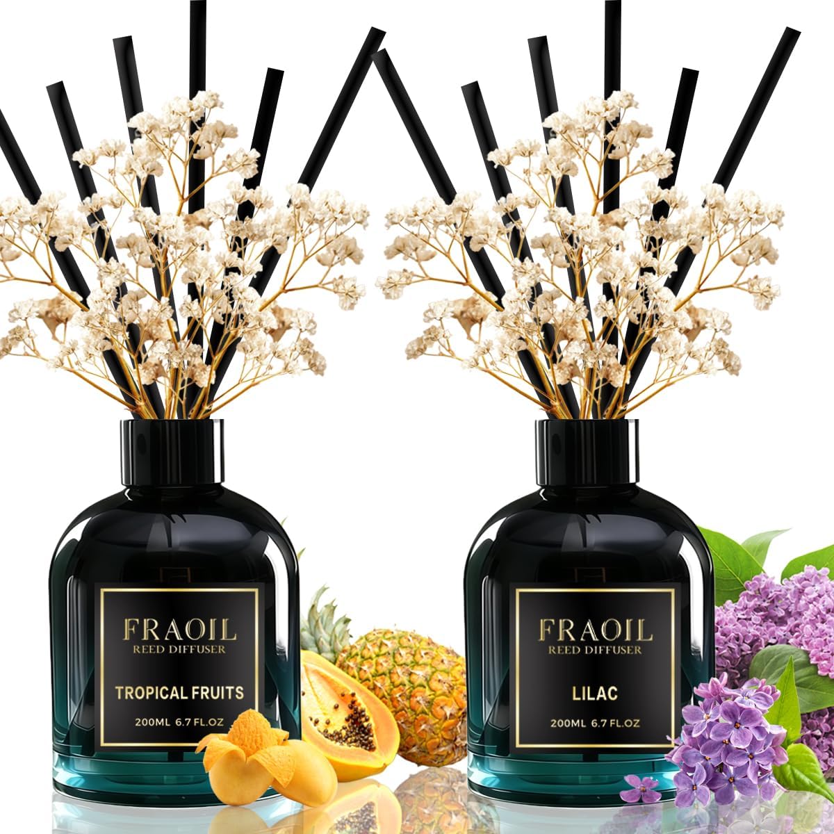 Tropical Fruits and Lilac Reed Diffuser Set 6.7 fl oz (200 ml) with 6 Reed Sticks, Home Fragrance Reed Diffuser for Bathroom Shelf House Bedroom Office Decor