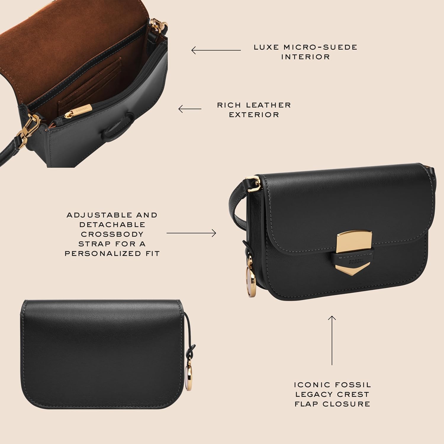 Fossil Women's Lennox Leather Large or Small Flap Crossbody Purse Handbag For Women - Image 6