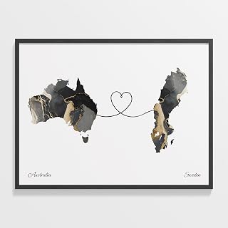 Australia to Sweden Print, Surinamese Marble Two Countries Map Poster, Travel Art, Moving Away