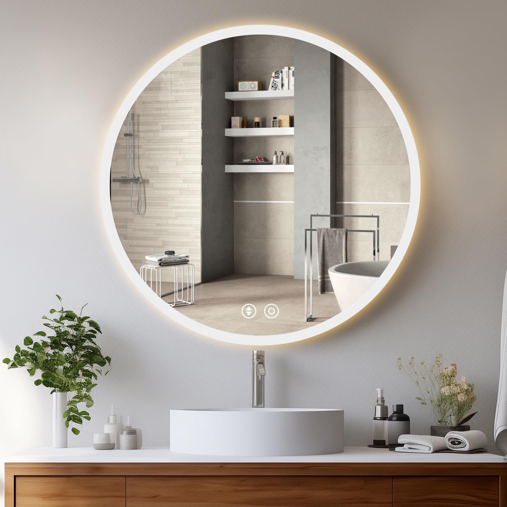 YOLEO Espejo de Baño Redondo con Luz LED Regulable en 3 Colores, Espejo de Baño de 70 x 70 cm con Interruptor Táctil y Función Antivaho, 6400 K