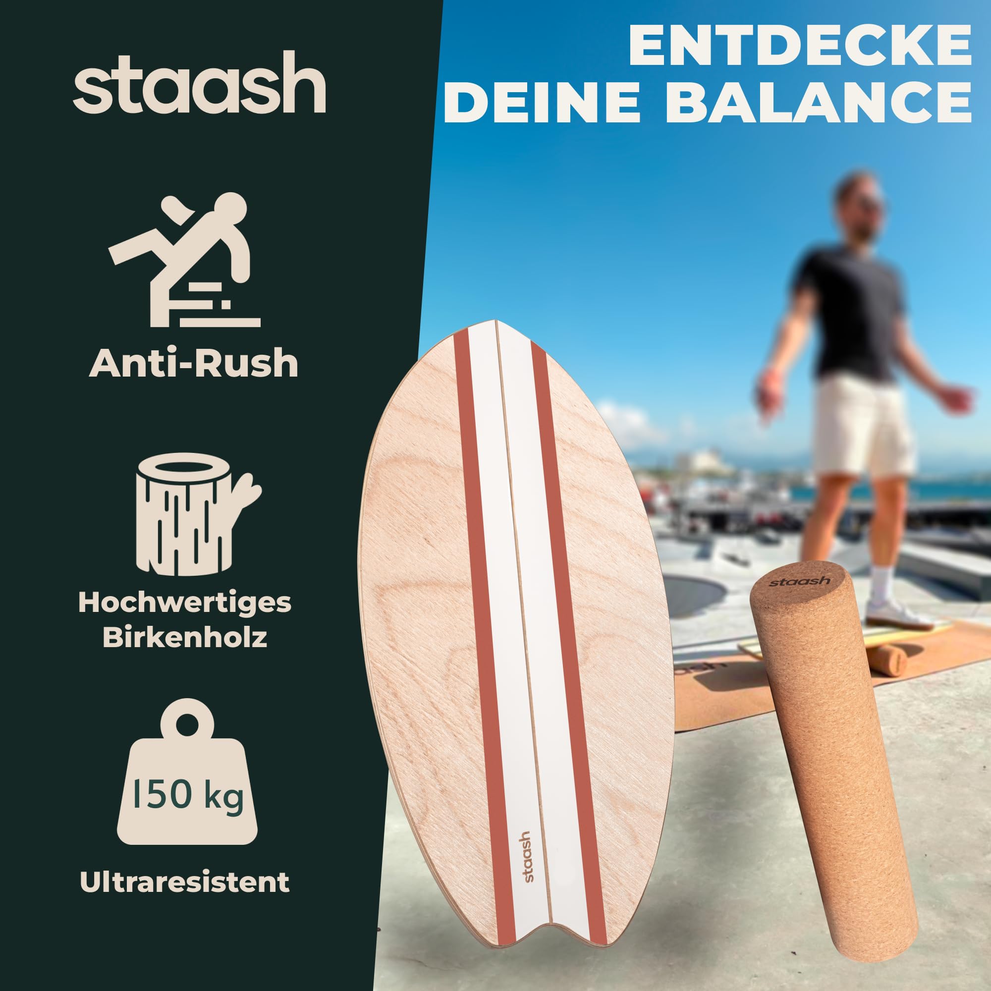 STAASH® Balance Board Holz – Pro Gleichgewichtstrainer inkl. Schutzmatte, Rolle, Halbkugel & Korkball + Videokurs – Indoor-Surfen & Stabilitätstraining