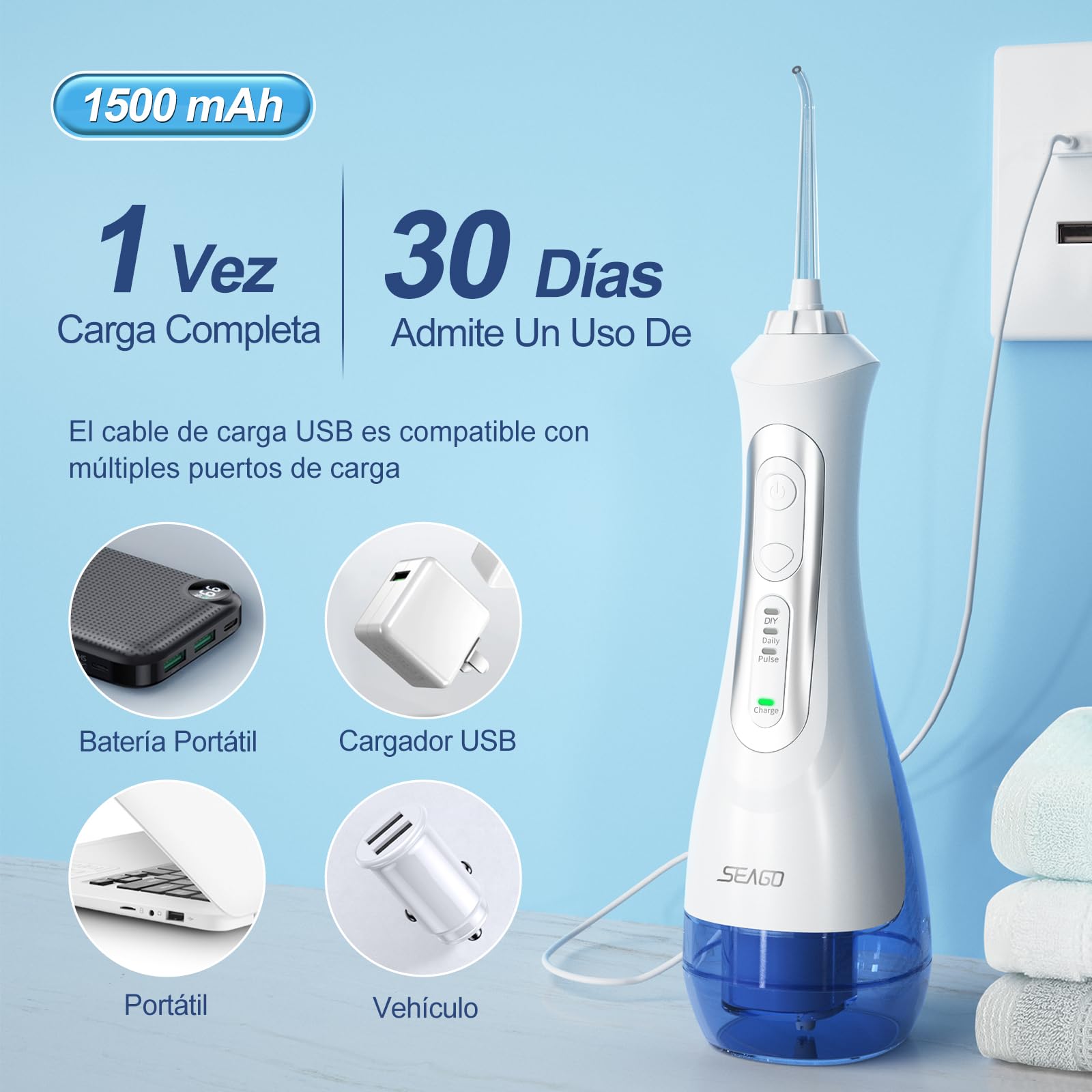 Seago Idropulsore a getto dentale portatile, rilevatore dentale professionale, fai da te modalità, IPX7, impermeabile, 5 ugelli a getto, USB ricaricabile, getto dentale per la casa e i viaggi (bianco)