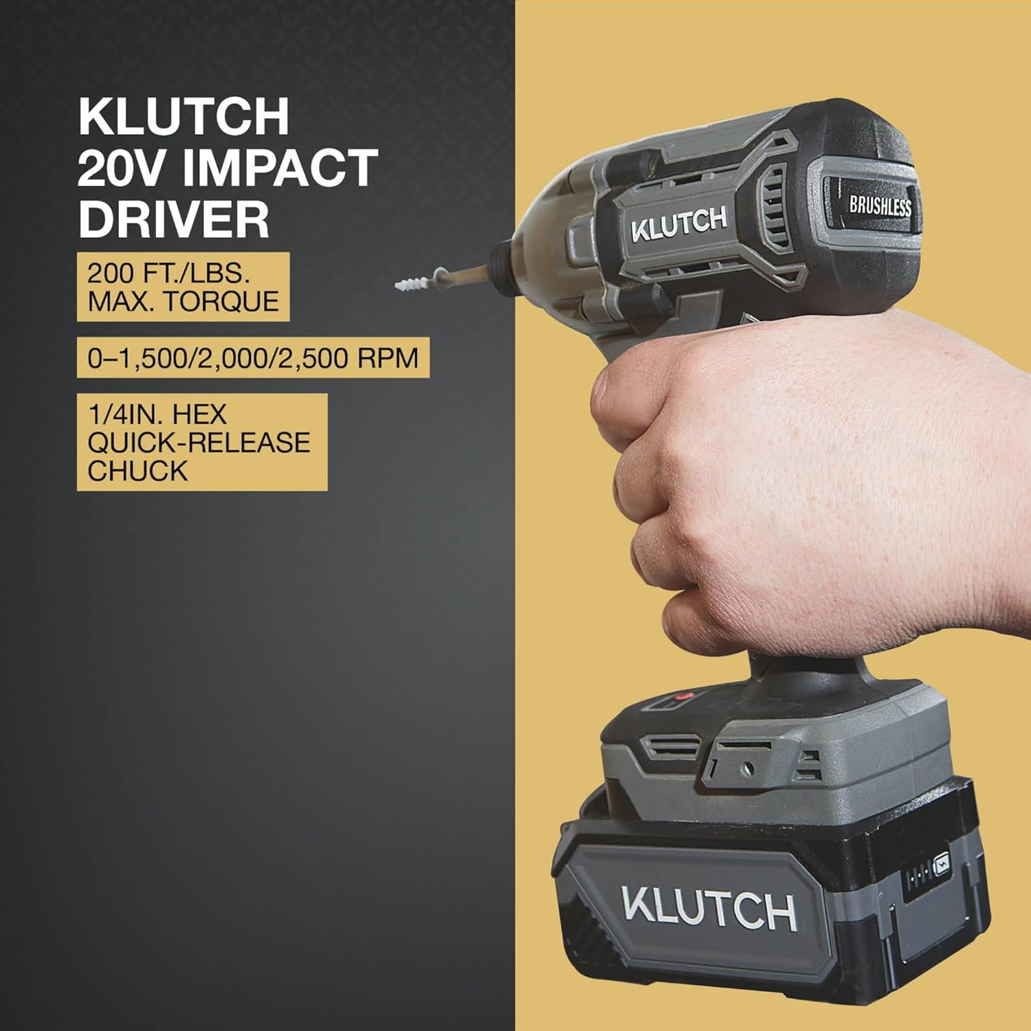 Klutch Impact Driver Kit, KLiQ 20 Volt Brushless, 1/4in.