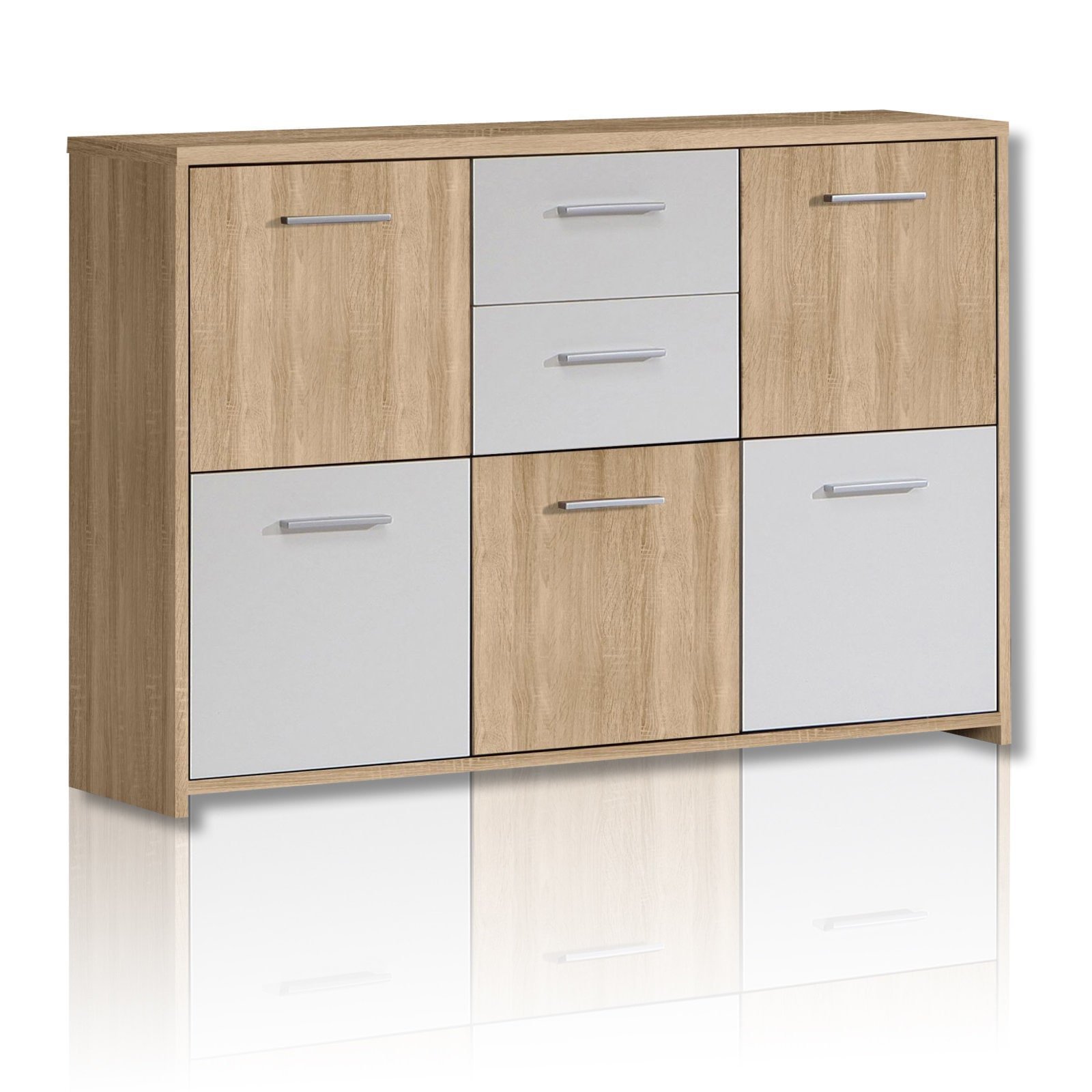 Forte QUADRO Kommode 110 120, Kommode mit 5 Türen und 2 Schubladen, Modernes Sideboard, Holzwerkstoff, Sonoma Eiche Holzdekor/ Weiß, 113,9 cm breit x 77,5 cm hoch x 29,6 cm tief