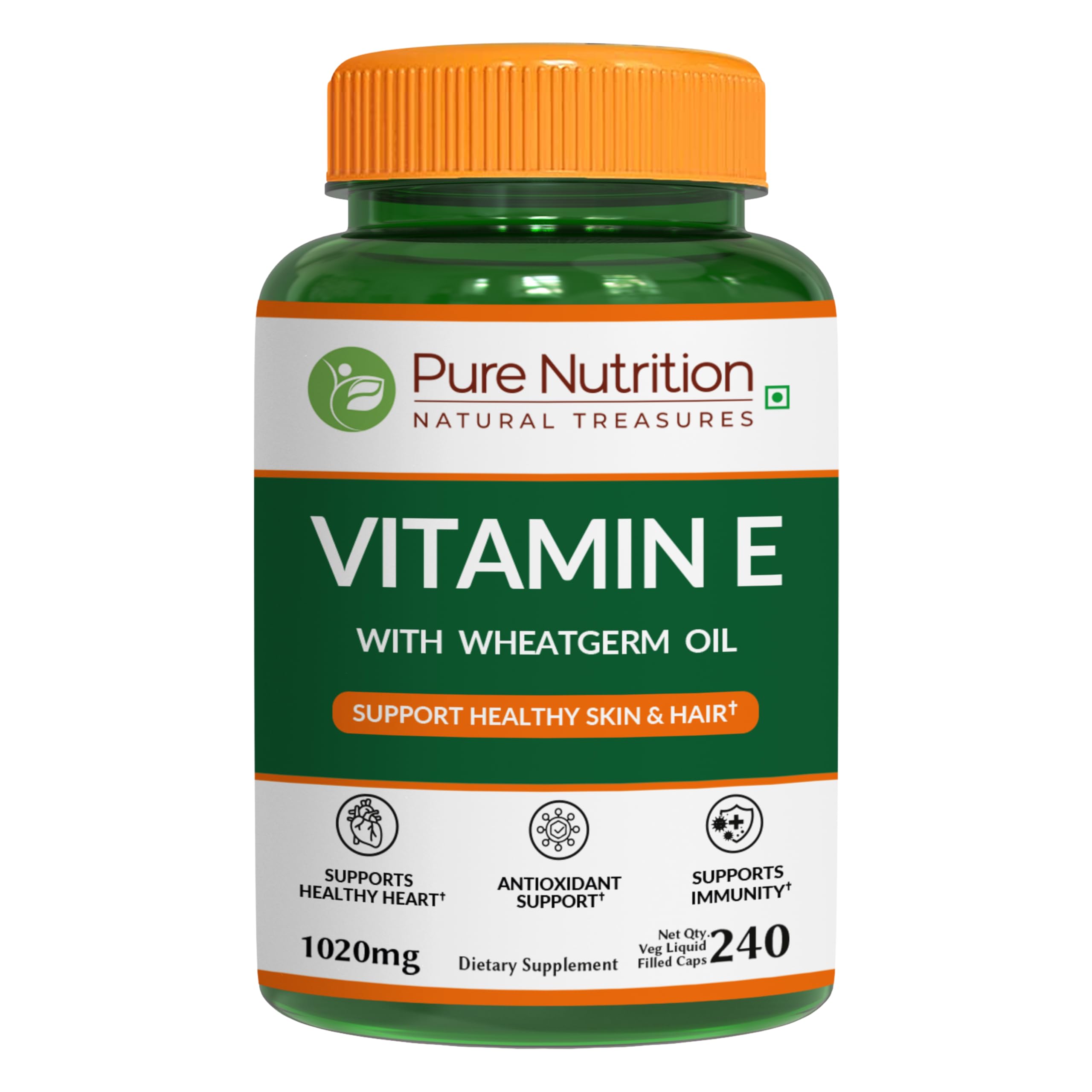 Pure Nutrition Vitamin E with Wheatgerm Oil, 1020mg |240 Caps | Natural Source of Vitamin E | Hair and Skin Supplement.