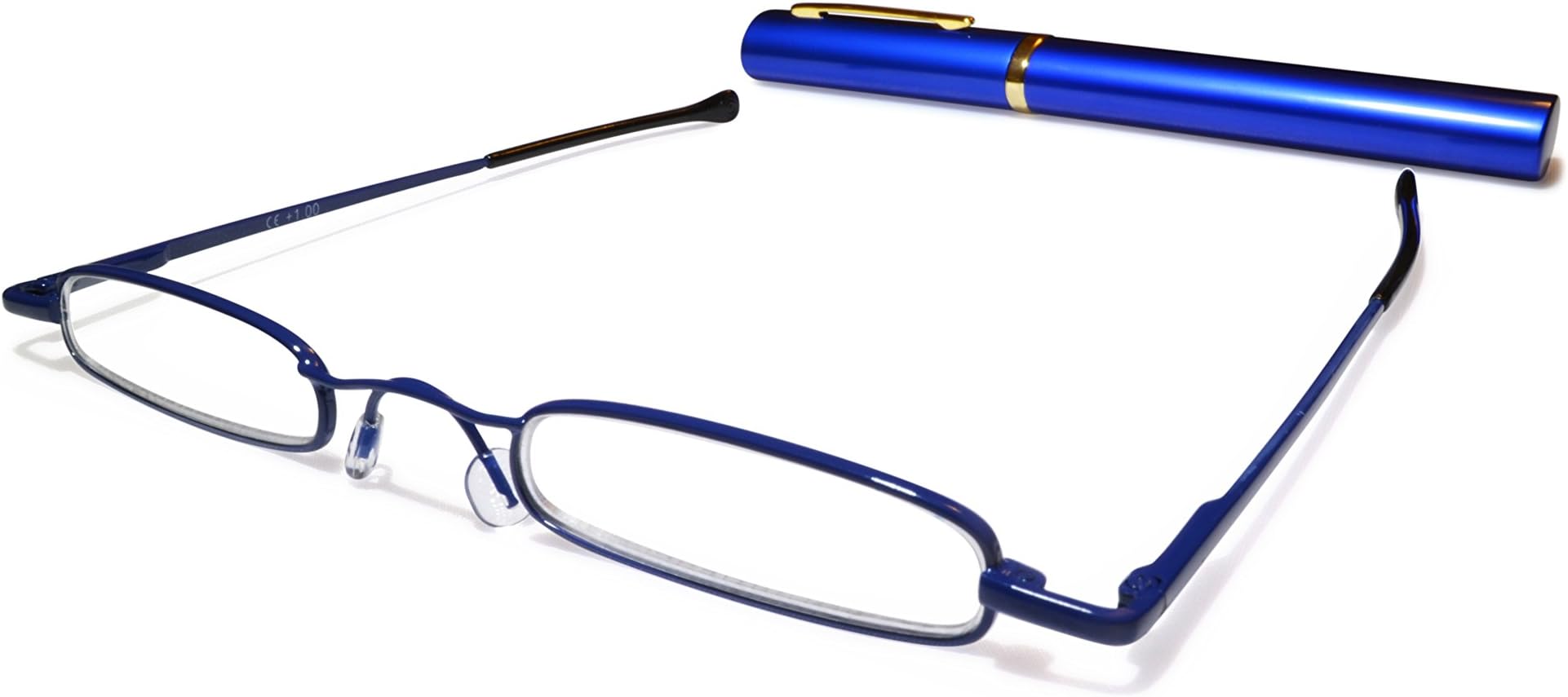 Metal Blue Reading Glasses +2.0, Ultra Slim and Lightweight, CE Certified/EN ISO 12870, Comes with Free Matching Oval Aluminium Tube with Clip