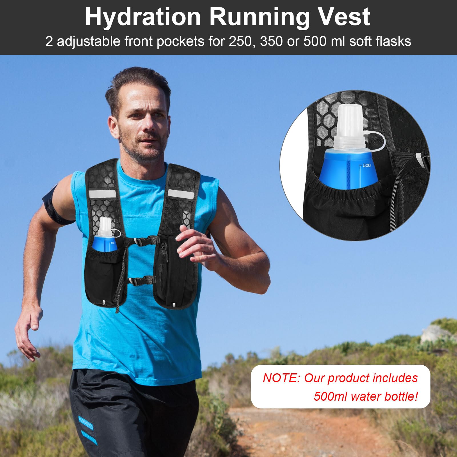 Loopvest voor dames en heren, drinkvest lopen met 2 x 500 ml waterfles, reflecterende drinkrugzak, verstelbare rugzak voor hardlopen, fietsen, trails, marathons