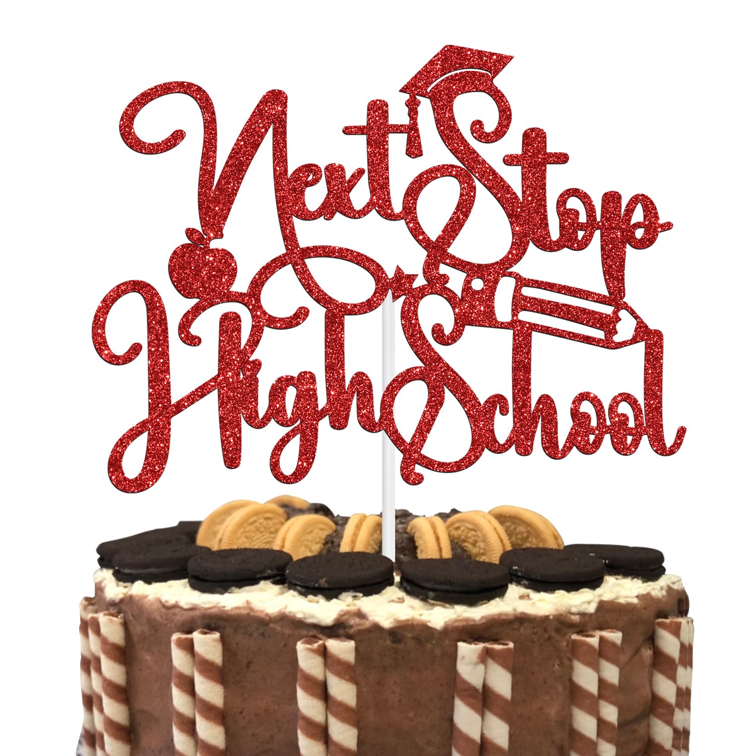Next Stop High School Cake Topper, 8th Grad Grade Cake Decor, 2025 Meddile School Graduate Graduation Party Decorations Supplies, Red Glitter