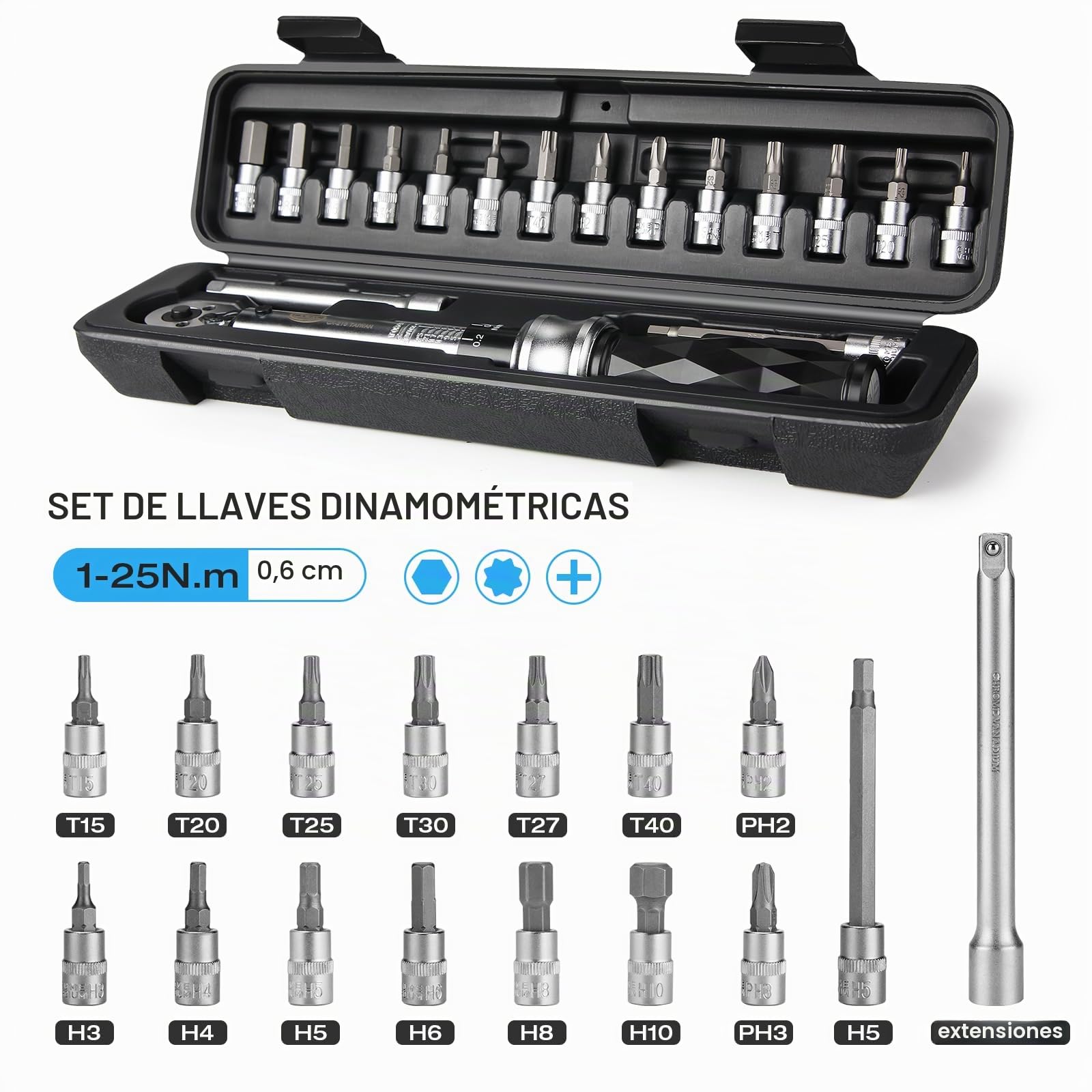 CXWXC Llave dinamométrica para bicicleta de 1/4 pulgadas, 1 hasta 25 Nm, par de torsión, herramienta de reparación, llave de par de torsión, incluye hexágono interior hexagonal Torx para bicicleta de