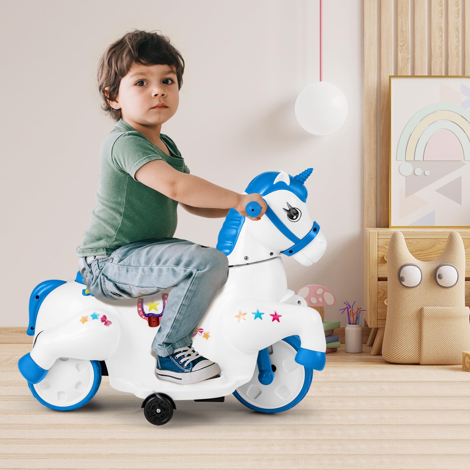 COSTWAY 12V Moto Électrique Enfant en Forme Licorne avec Musique & Démarrage à Un Bouton, Cheval Électrique Enfant avec Roues d'Entraînement & Mode Équitation, 3 km/h, Charge 30kg, 3 Ans+ (Bleu)