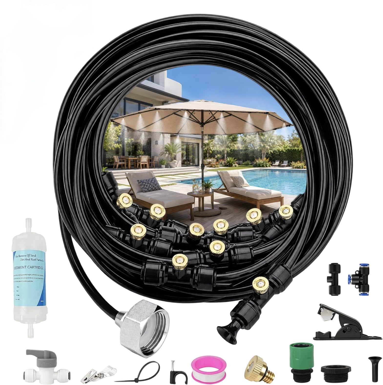 Pulverizador de refrigeración para terraza, manguera de 18 m, sistema de enfriamiento de niebla de agua con adaptador de latón de 3/4 pulgadas y filtro para pulverización de neblina, niebla de