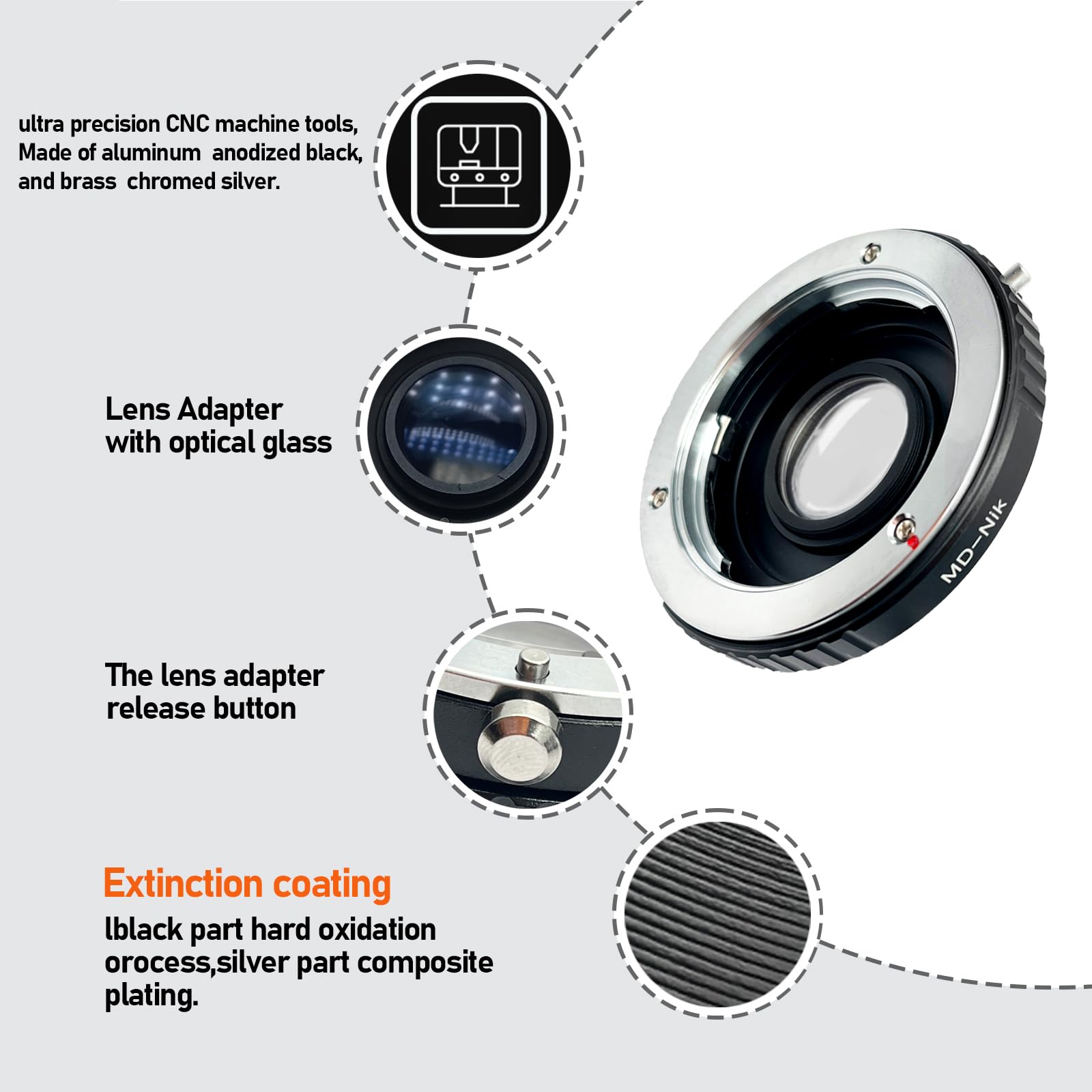 Adaptateur d'objectif MD vers Nik - Compatible avec objectif Minolta (MD/MC) sur appareils photo reflex Nik-F D780, D3000, D3100, D3200, D3400, D3400, D5000, D5100, D5200(MD vers Nik(Ai) - Avec