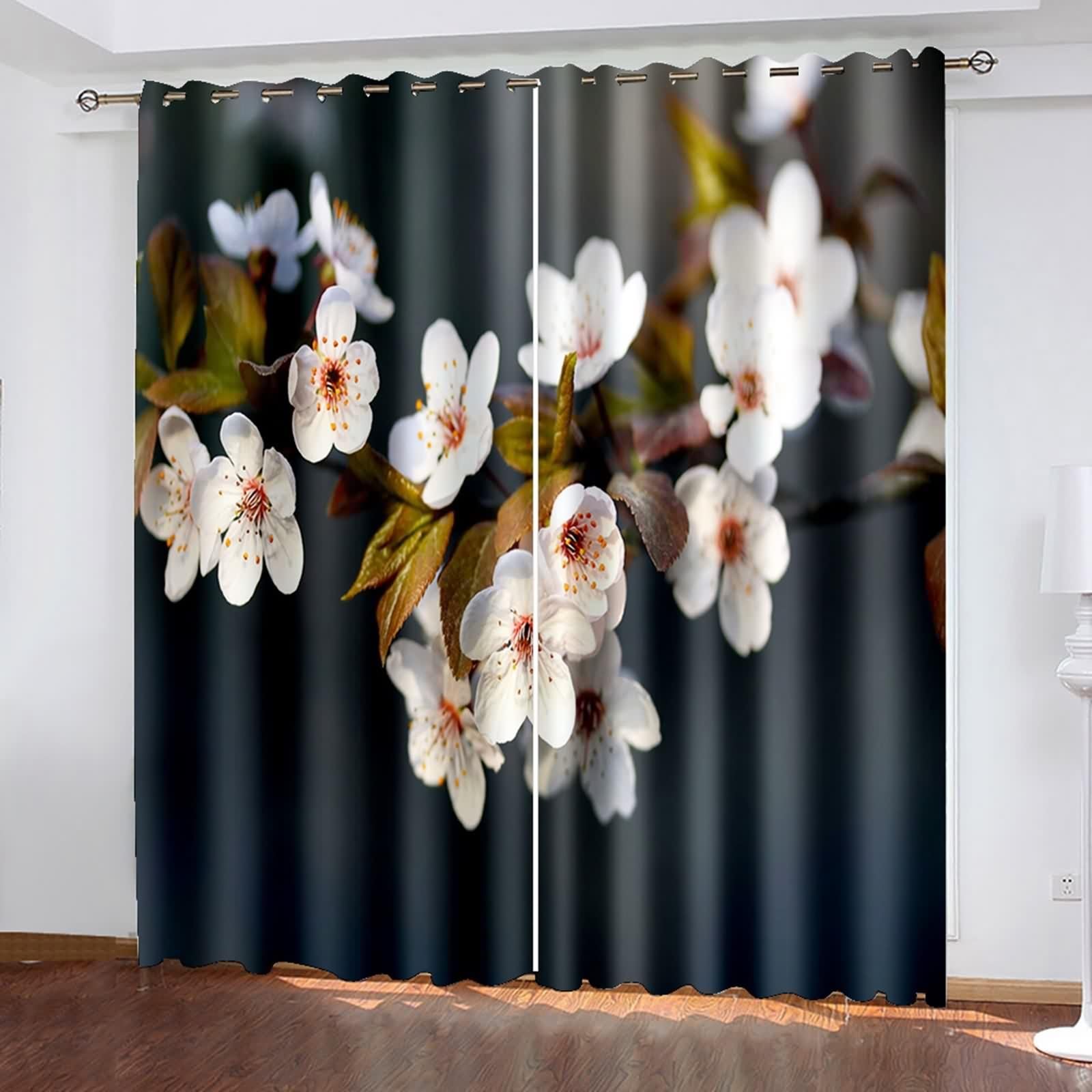 Vorhänge Elegant, Gardinen Landhausstil Weiß Grün Polyester Weiße Blumen Vorhänge 2er Set B 102 x H 138 cm