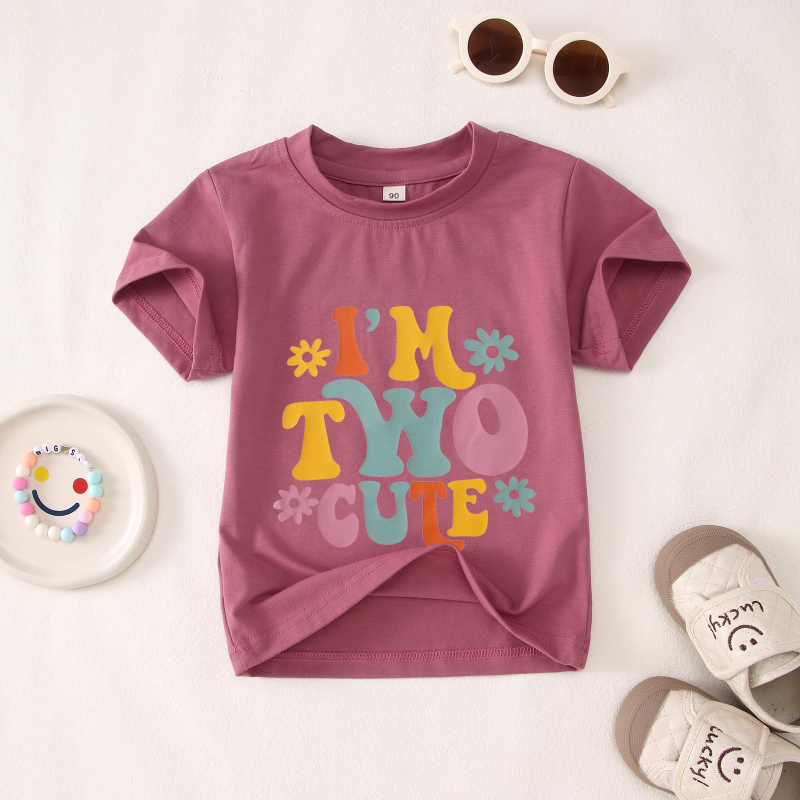 T-shirt 2ème anniversaire pour fille « I'm Two Cute » Imprimante Chemise Deuxième Anniversaire T-shirt Fête d'anniversaire Vêtements Été Manches Courtes Hauts Doux Col Rond Chemises 2 Ans Enfants