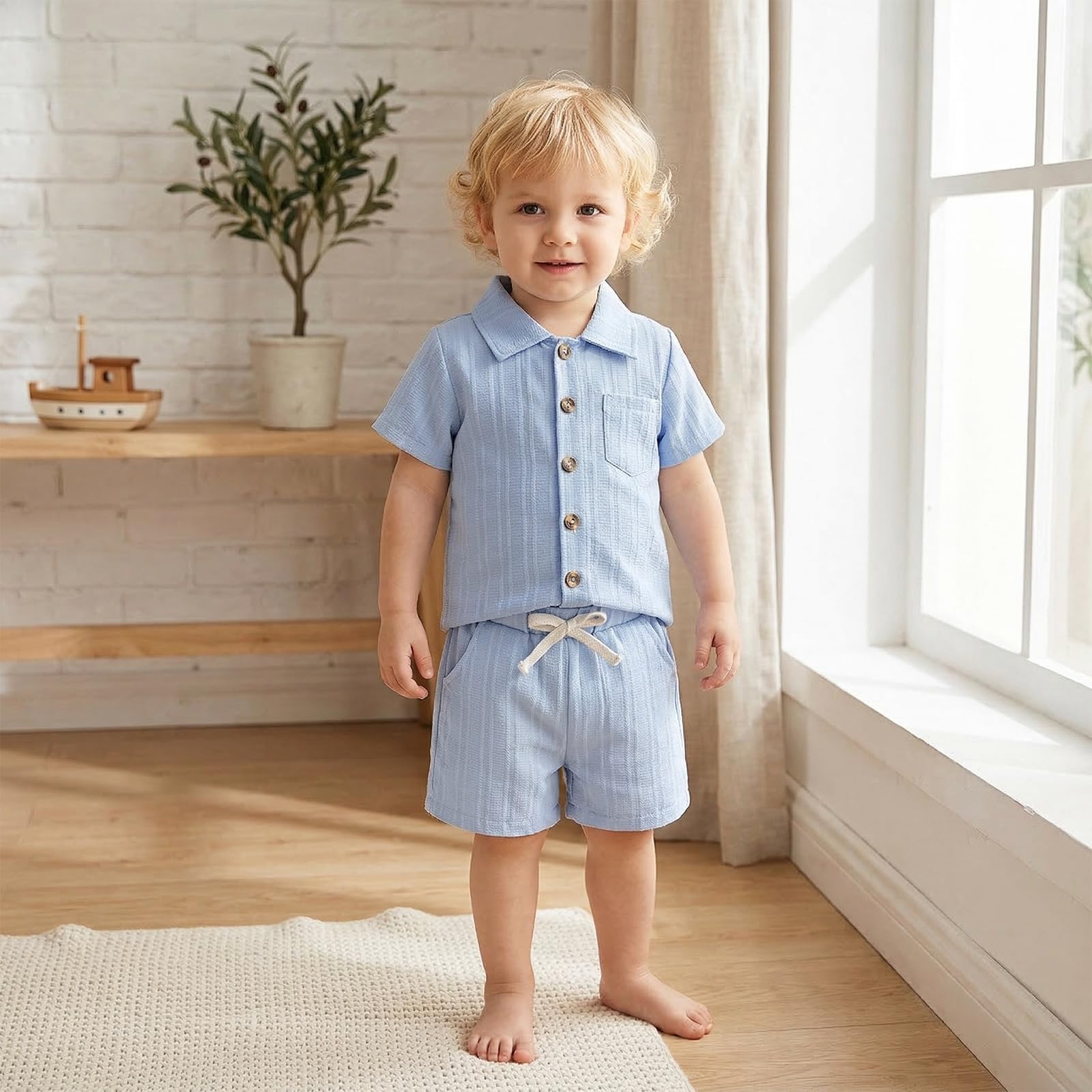 Ropa para bebés y niños pequeños, camiseta acanalada con botones y pantalones cortos con bolsillo, conjunto de 2 piezas de 12 meses a 5T sin camiseta
