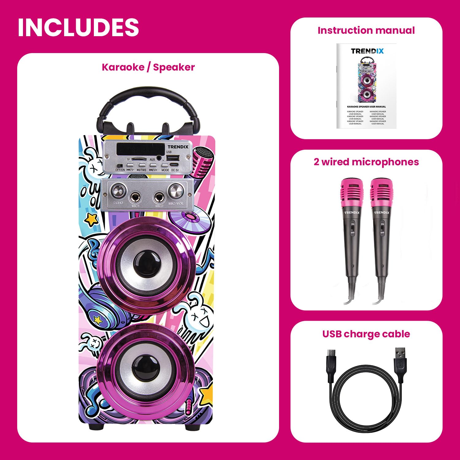 Trendix - Karaoke Party Edition | Enceinte Karaoke | Karaoké Enfant 2 Microphones | Karaoke Enfant Fille Complet | Enceinte Karaoké avec Micro | Cadeau Fille