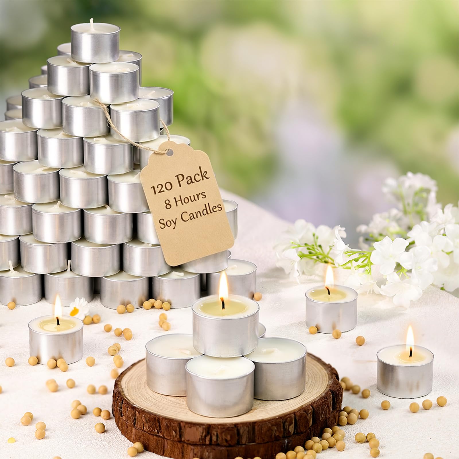 Lot de 120 bougies chauffe-plat à haute combustion en cire de soja - Sans paraffine - Sans paraffine - Pour mariage, décoration d'intérieur, urgence et réchauffement des aliments - 3,9 x 2,4 cm