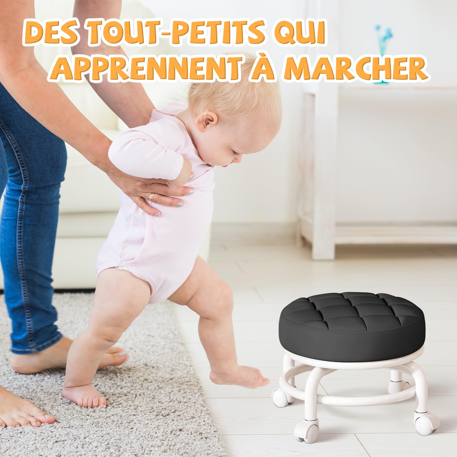 Qianly Tabouret de Siège à Roulettes Bas, Rotation 360°, Coussin Ergonomique, Mini Tabouret Mobile, Noir
