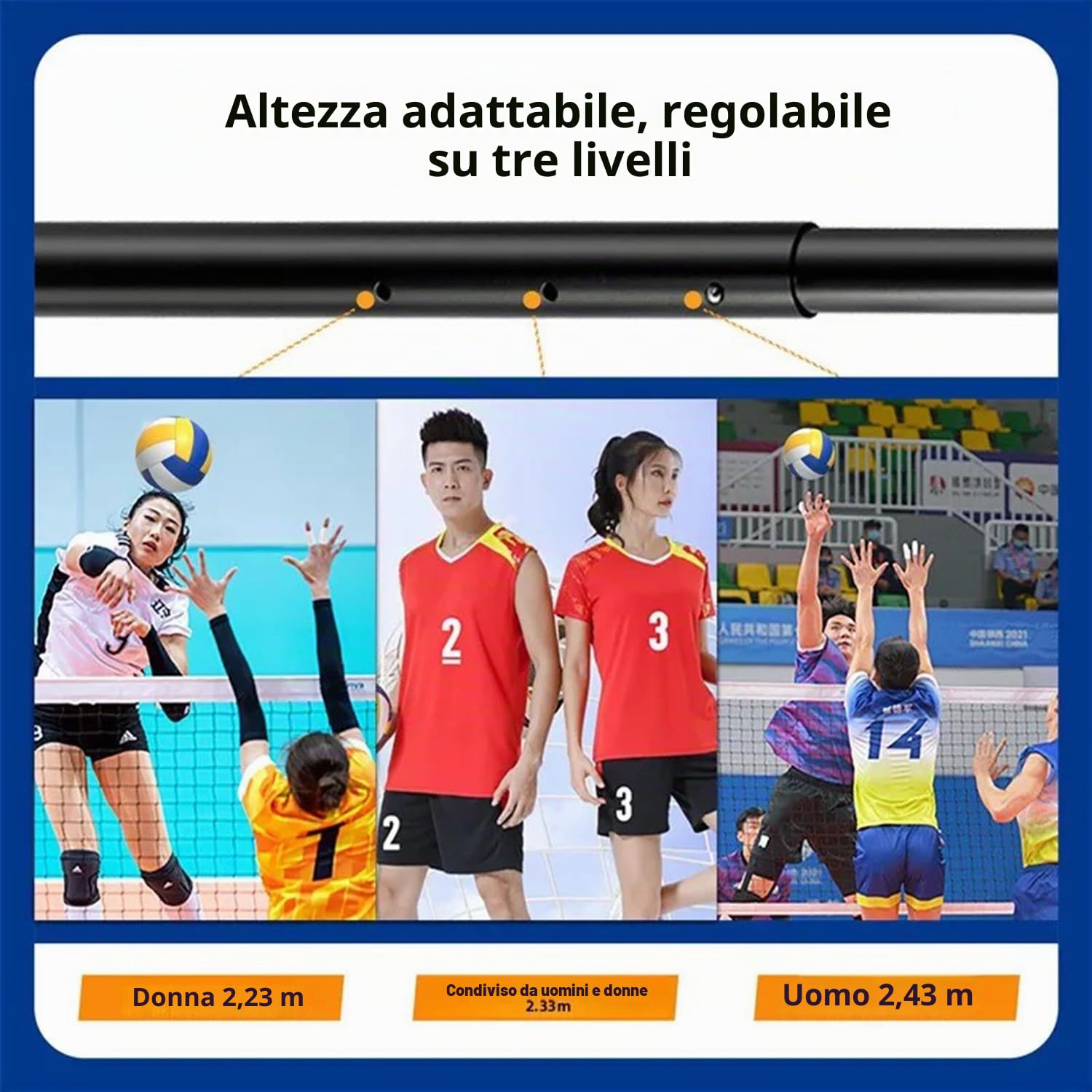 Set di rete da pallavolo, 9,5 m x 1 m, pieghevole, set completo di rete con pali in acciaio,Sistema di marcatura del campo, palloni da pallavolo e sacca portaoggetti, altezza regolabile