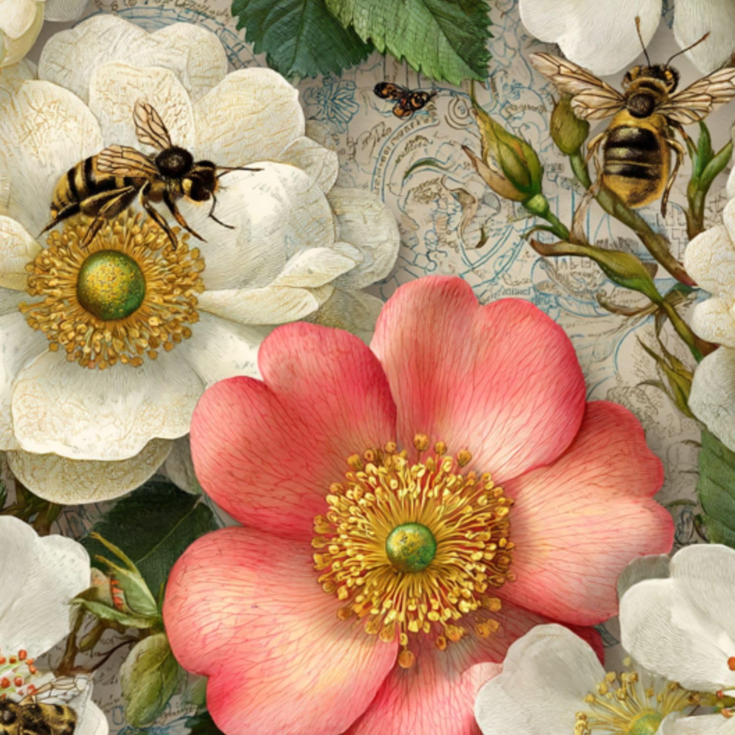 DERUINVAIO Self Adhesive Feature Removable English Garden Roses Bees Fern Peel and Stick Vinyl Wallpaper Roll, Sticky Lining Paper for Bedroom, Living Room, Kitchen Walls