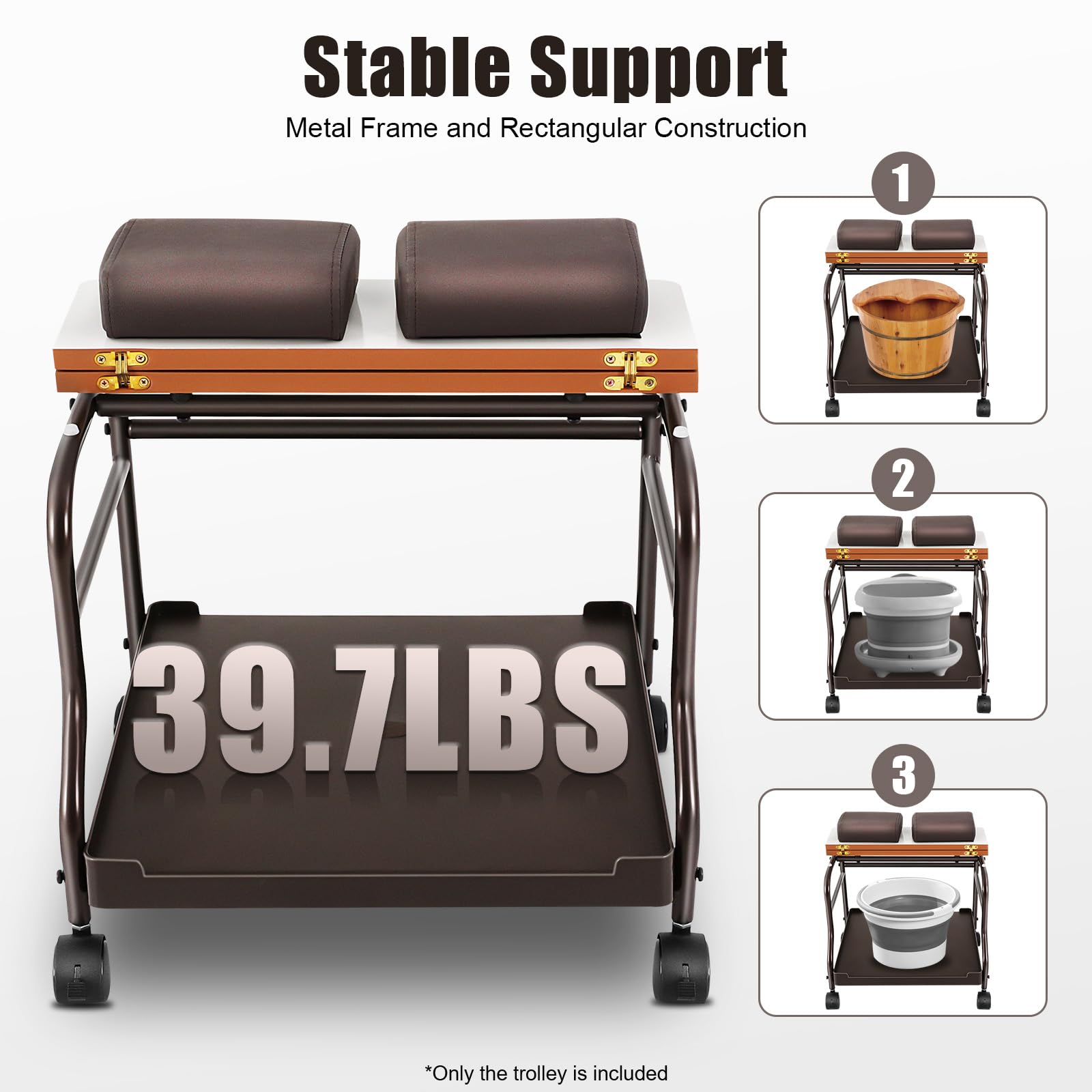 Chariot à pieds portable, pour salon de beauté, spa à ongles, esthéticienne, avec 4 roues universelles silencieuses, capacité de charge de 18 kg, pour bains de pieds, pédicure