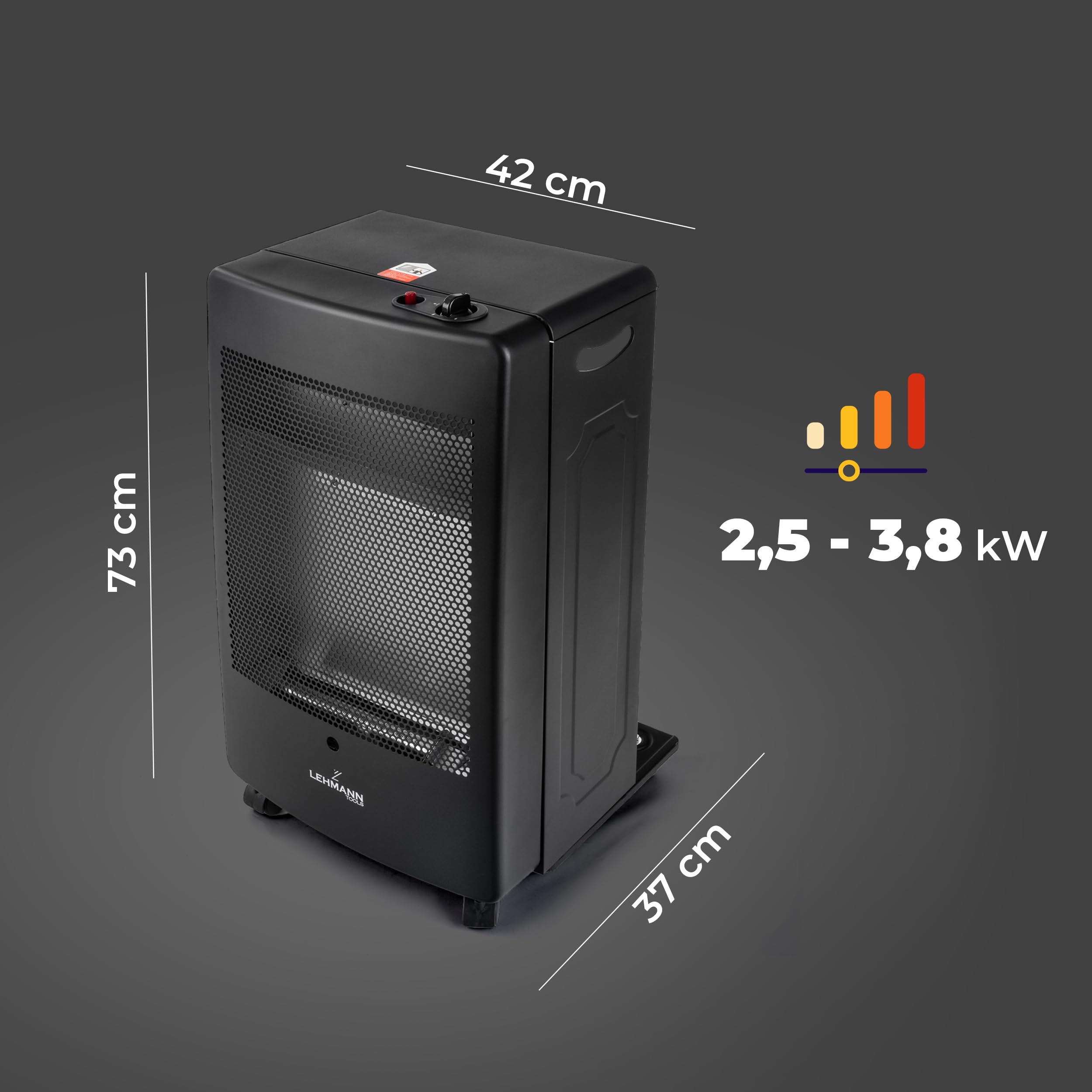 LEHMANN Poêle à gaz 3,8 kW avec 2 niveaux de chauffage, flamme bleue, allumage piézoélectrique, arrêt de sécurité, roues, chauffage pour pièces jusqu'à 80 m², GPL/Propane/Butane