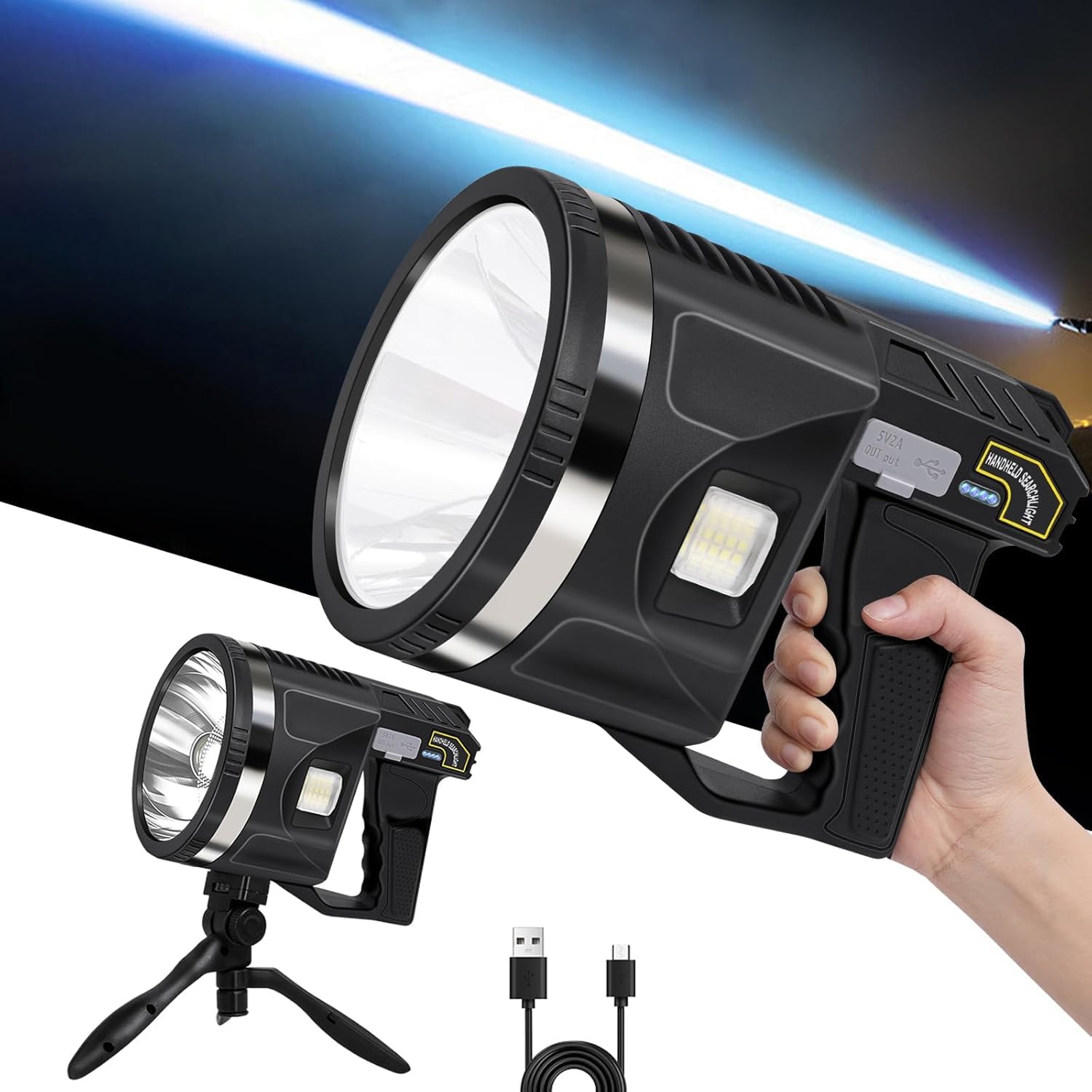AMPLIN 1000000 Lumens Spotlight, Super Bright LED Spotlight Flashlight with Cob Light, Strap and 90° Adjustable Tripod, 15000mAh Long Lasting IPX7 Waterproof Handheld Spot Lights Outdoor, XX-Large