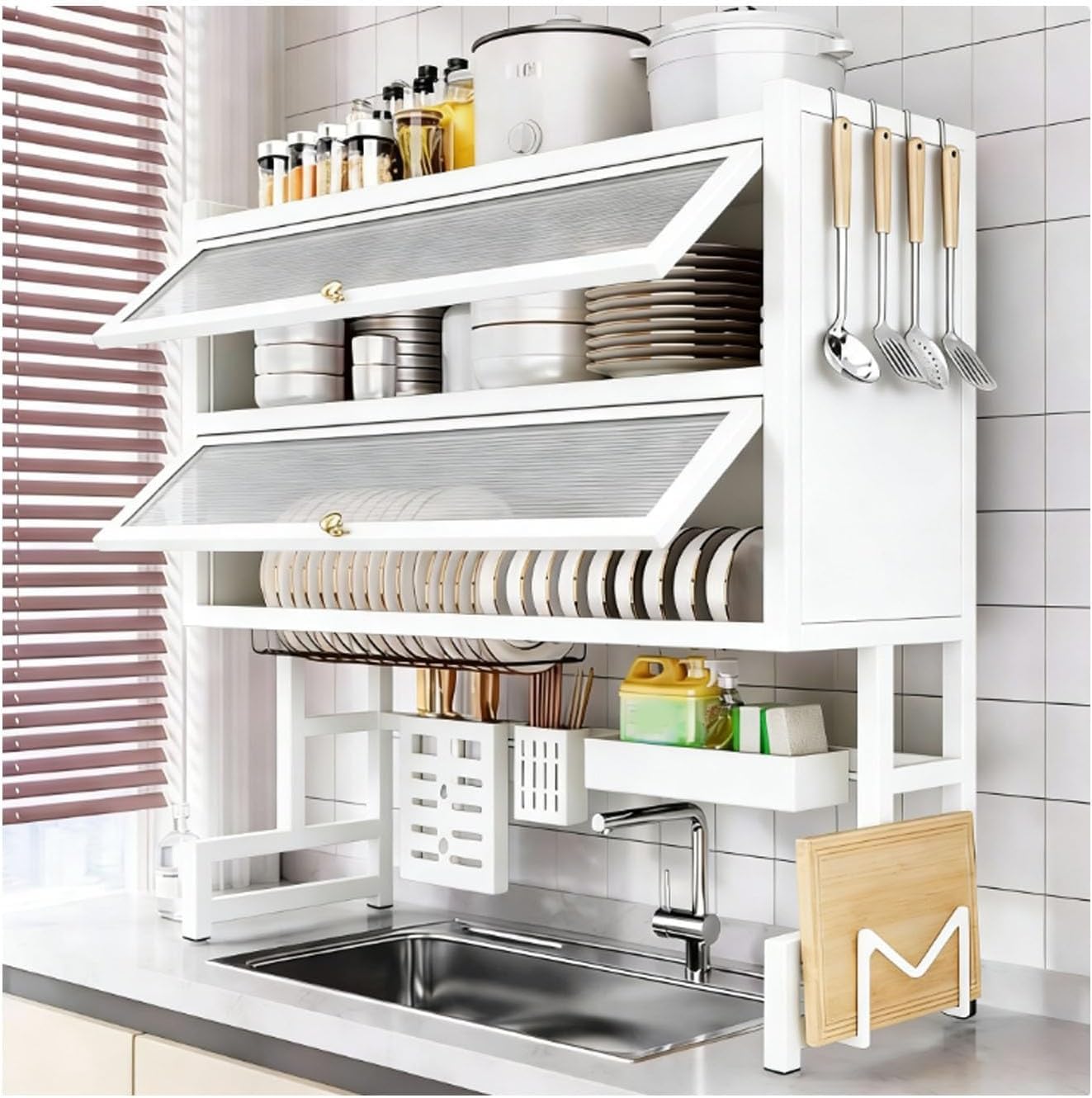 Escurridor de platos sobre el fregadero, organizador de 3 niveles de acero inoxidable que ahorra espacio para platos, vasos, cubiertos