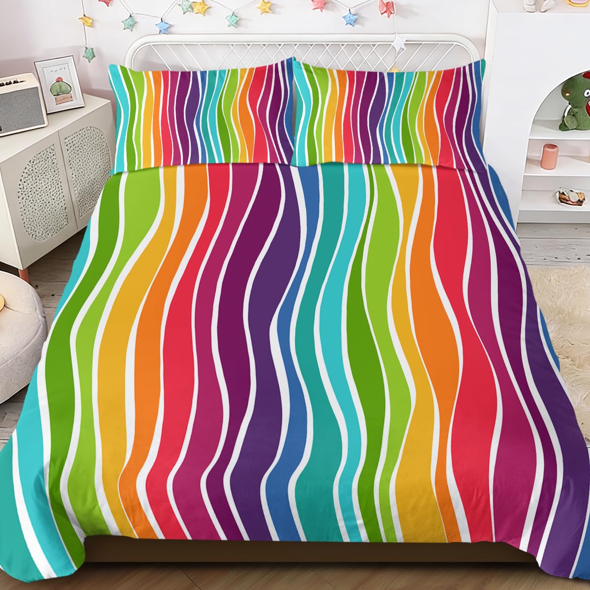 BlessLiving Rainbow Waves Print 3-Piece Bedding Duvet Cover Set Single - Contemporary Quilt Cover - Zipper Closure Funky Hipster Print (1 Duvet Cover & 2 Pillowcases)
