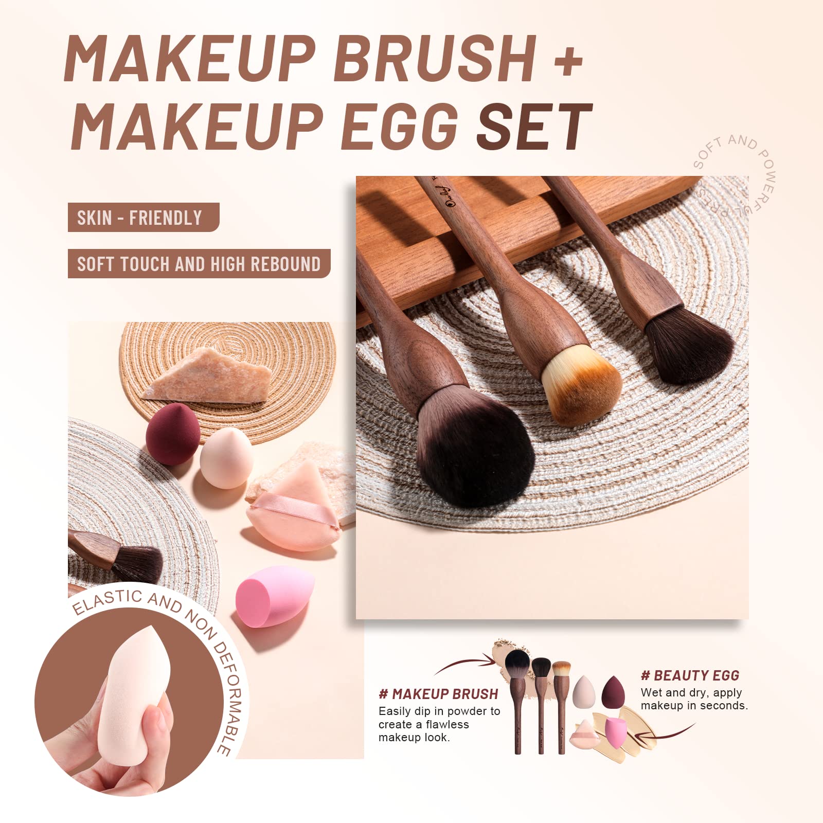 Oneleaf Makeup Brushe Set,Bamboo,Blush,Foundation,Concealers,Kabuki,Eyebrow,Eyeshadow, Eyeliner,Bronzer,Lip,Face,Blending Cosmetic Powder&Cream?3pcs?