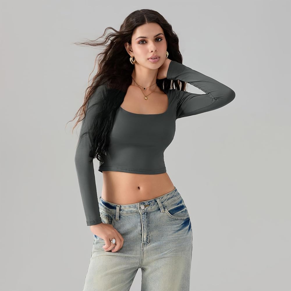 Women's Sexy Square Neck Crop Top Long Sleeve Slim Y2K Casual T