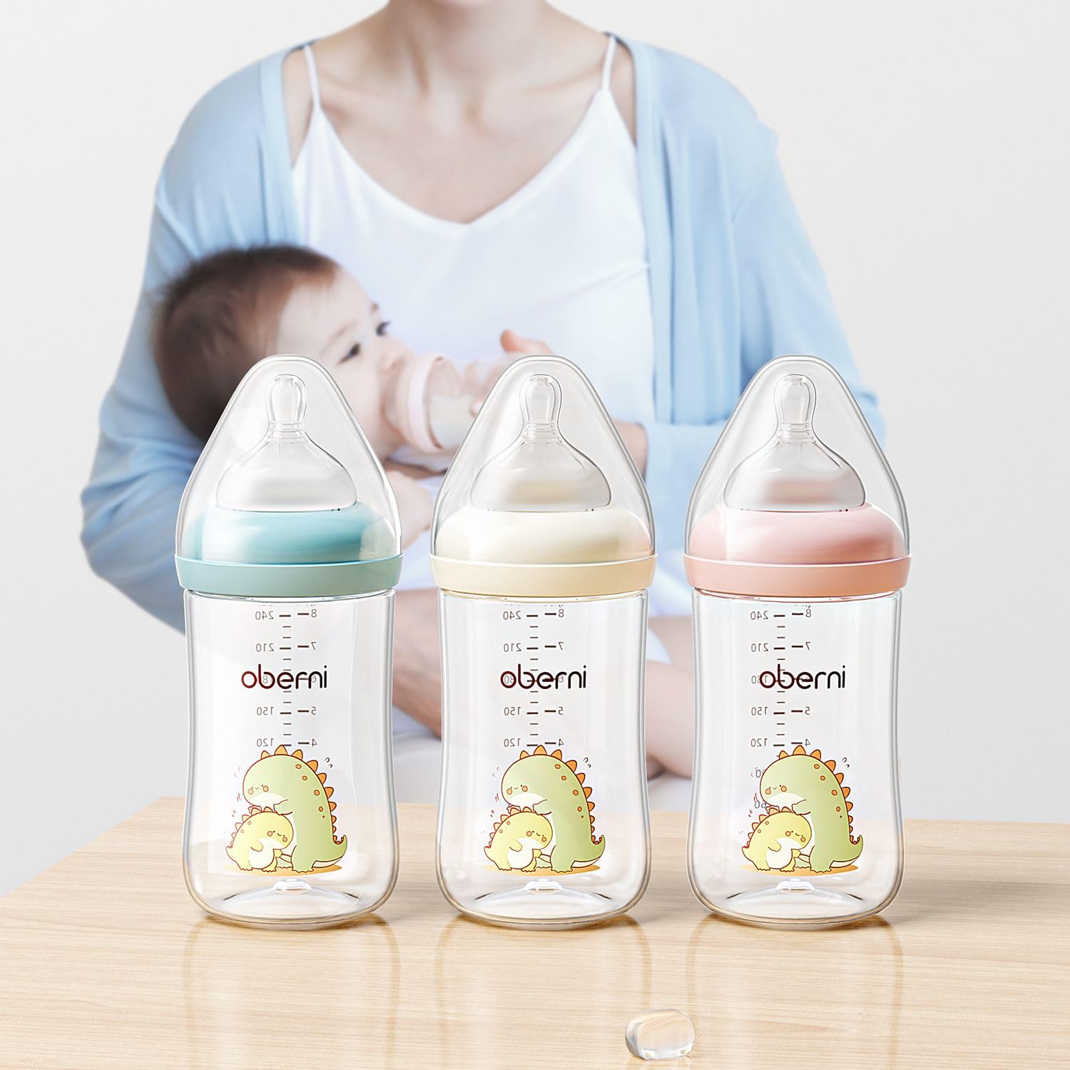 Oberni 240ml Baby Bottles 8 Oz Wide-Neck Milk Feeding Bottle with Size M Teat for 3-6 Months Newborn Babies Pink2 Pack product thumbnail 8