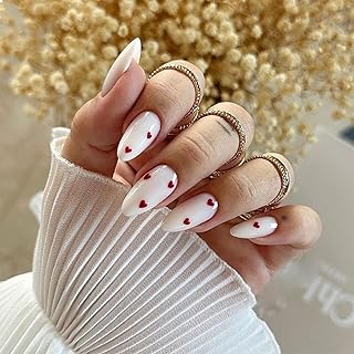 GlamRays 24 Stück Weiße Press on Nails French Tip Mandel Press-On-Nägel Liebenswerter Rot Herz Design Wiederverwendbares Voll-Abdeckung Klebe-Nagel Glänzend Klebe-Nagel
