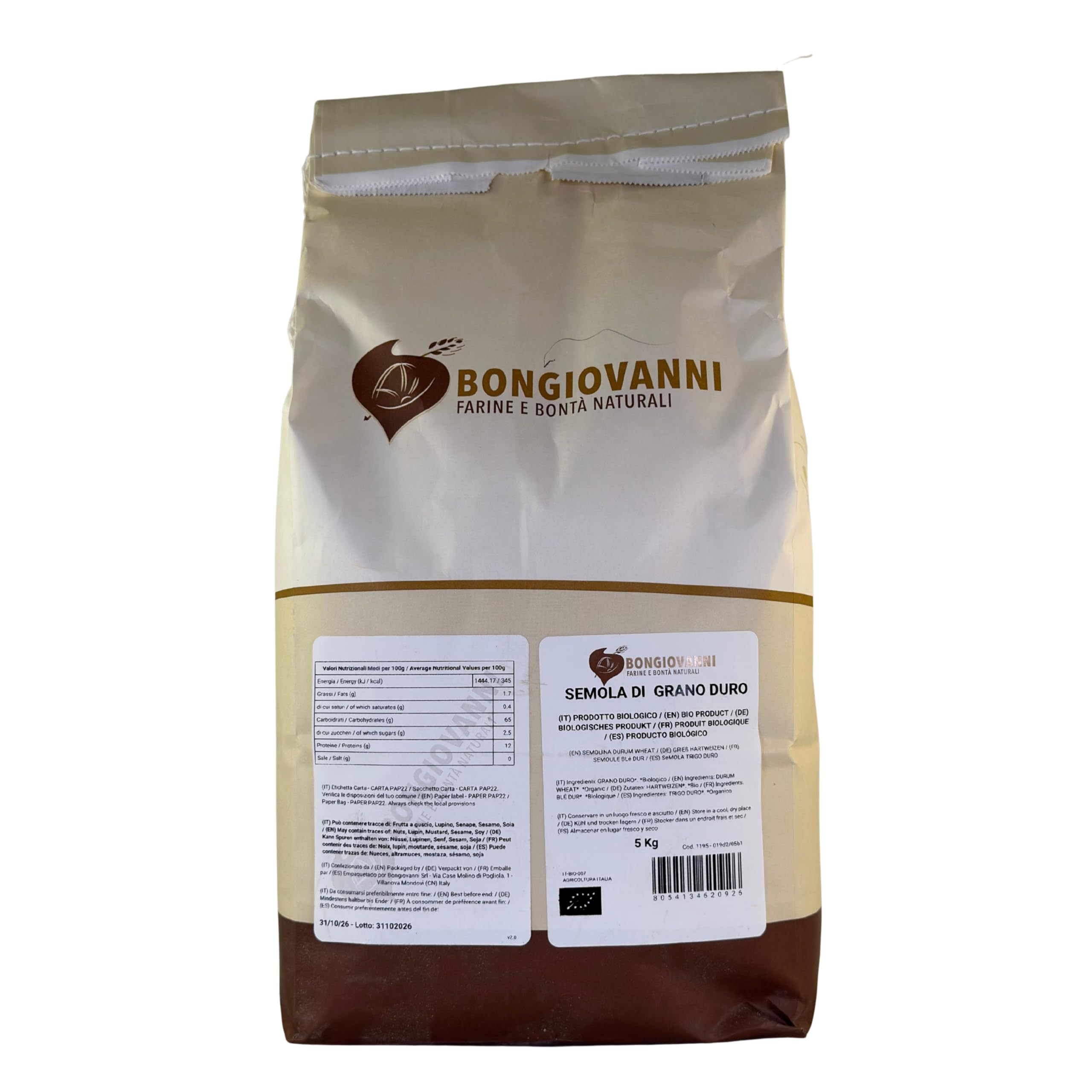 BONGIOVANNI FARINE E BONTA' NATURALI Semola di Grano Duro 5Kg BIO