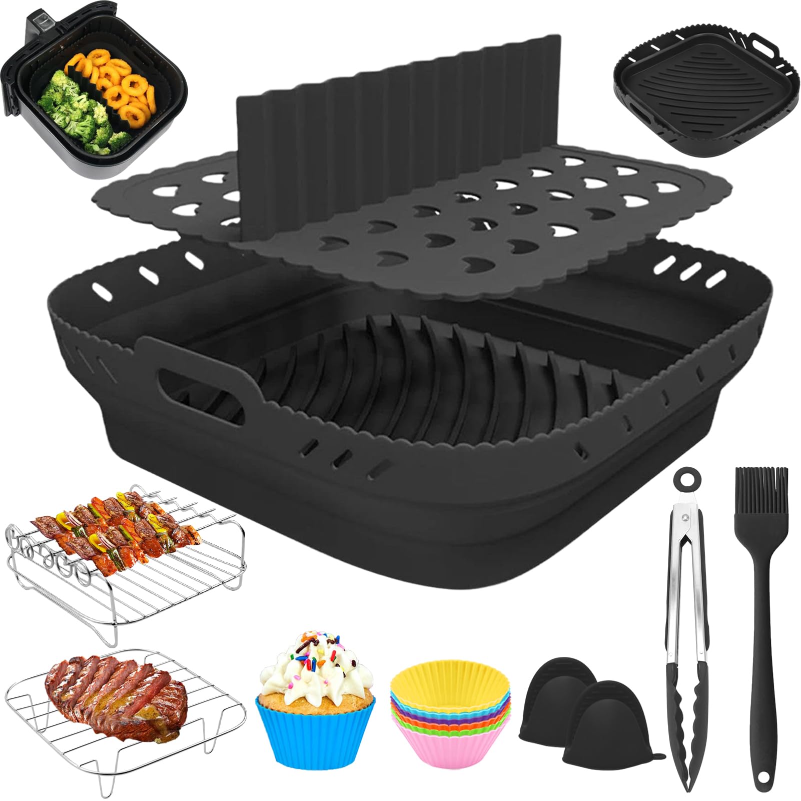Molde Silicona Freidora de Aire,Accesorios Freidora de Aire 22CM, para COSORI 5,5L 6,4L Cecotec 6L Cuadrada Airfryer （Negra）