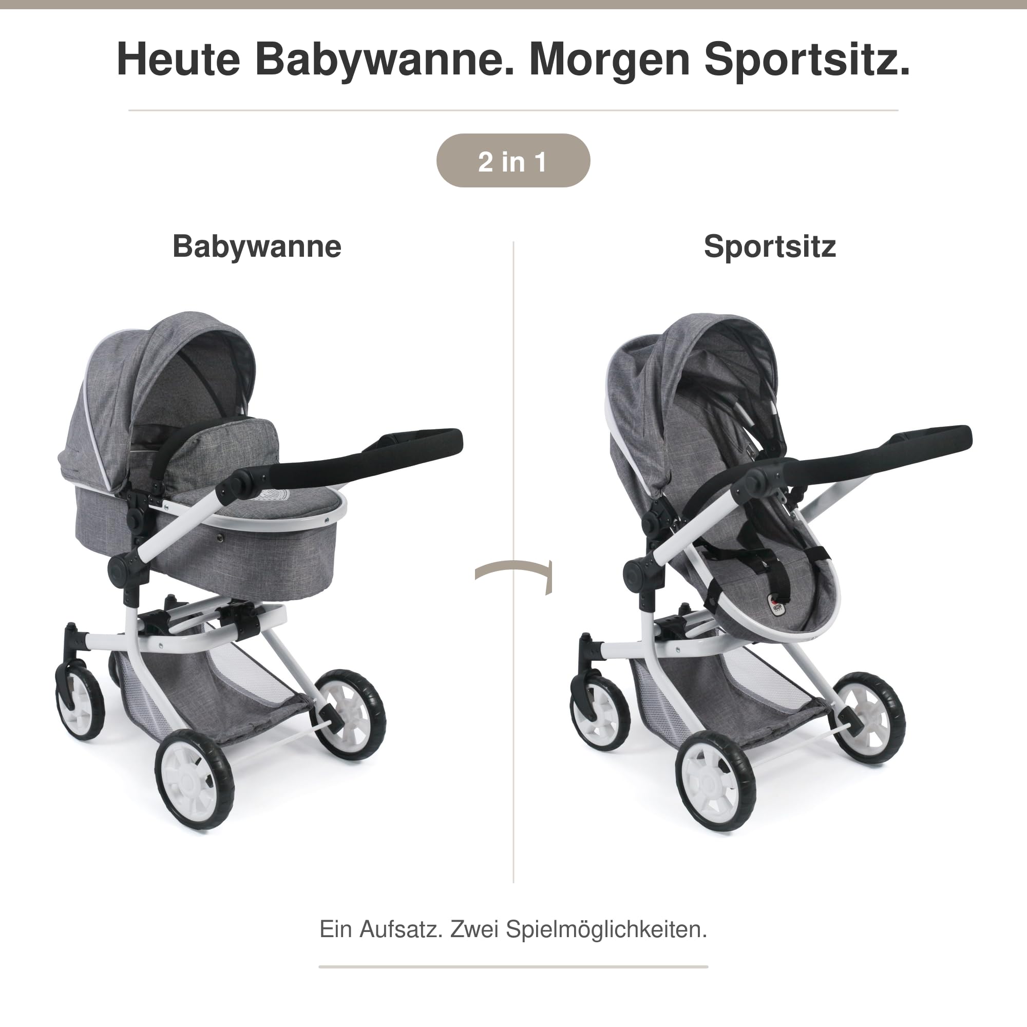 Bayer Chic 2000 Cochecito Muñecas 2en1 Mika | Manillar Regulable 47-80 cm | Cochecito de muñecas premium 2en1 convertible con manillar ergonómico y ruedas giratorias. Robusto y de larga vida útil.