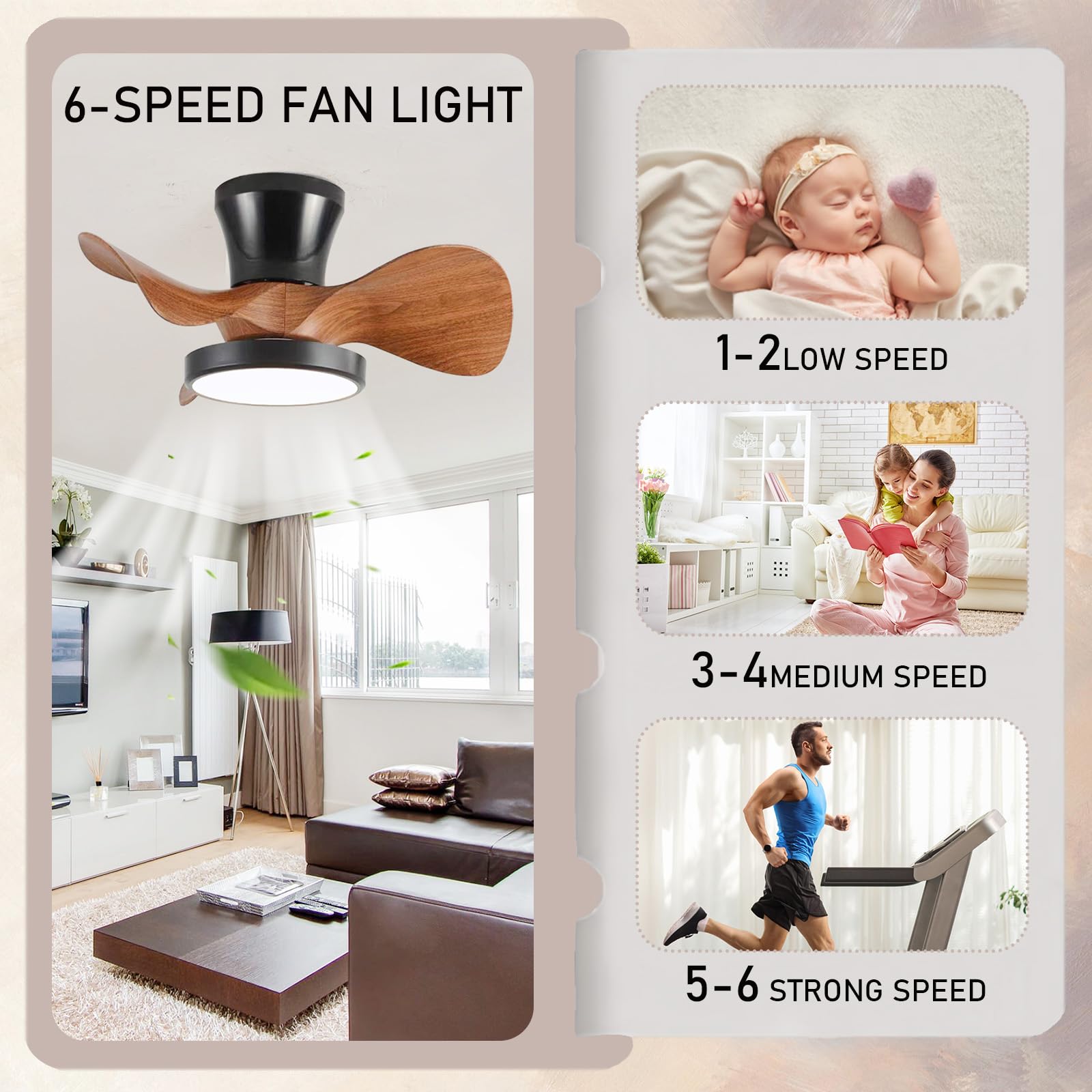 Wit Kleine Plafondventilator Met Verlichting Omkeerbaar Stille Gelijkstroomlamp Met Ventilator Dimbaar Memory Slaapkamerventilatorlamp Met Afstandsbediening Timer 6 Snelheden-Wood Grain