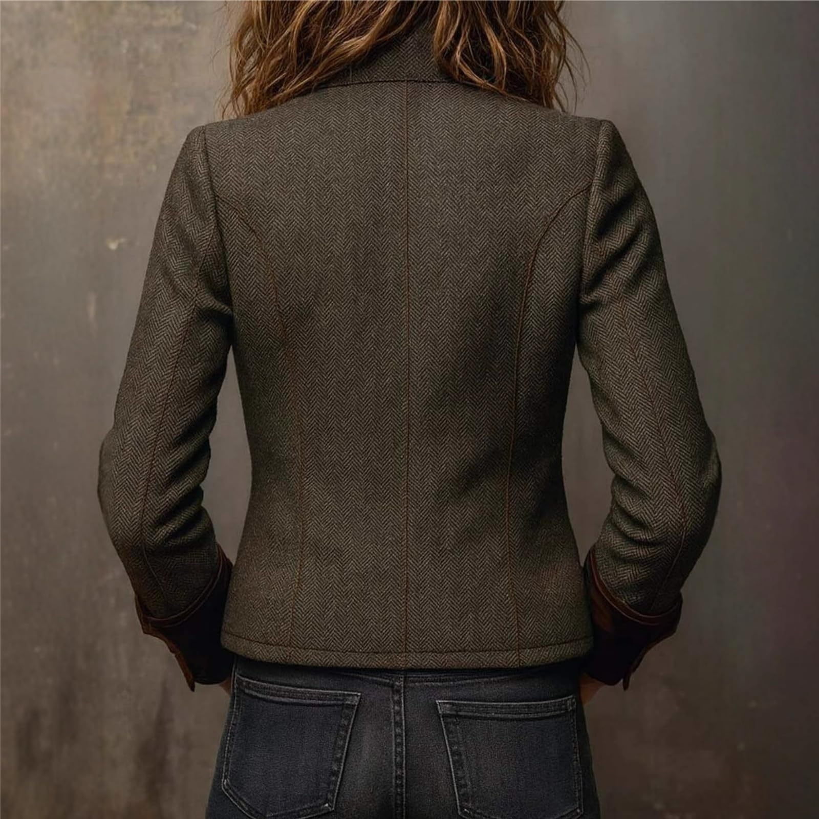 Blazer en tweed pour femme, style vintage, à chevrons, avec bordure en velours, manches longues, boutons