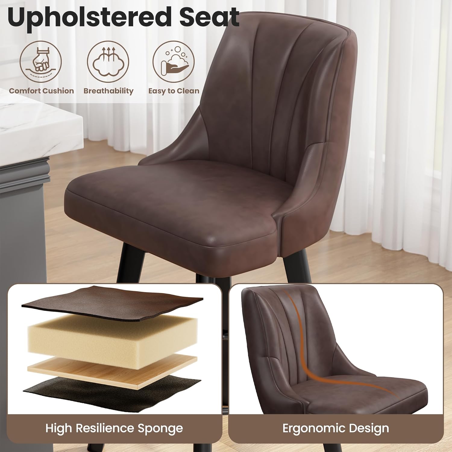 Counter Height Swivel Bar Stool, 24" Upholstered PU Leather Barstools Set of 4, Counter Stool Chair with Back & Solid Wood Legs for Kitchen Island Dining Room (Brown)