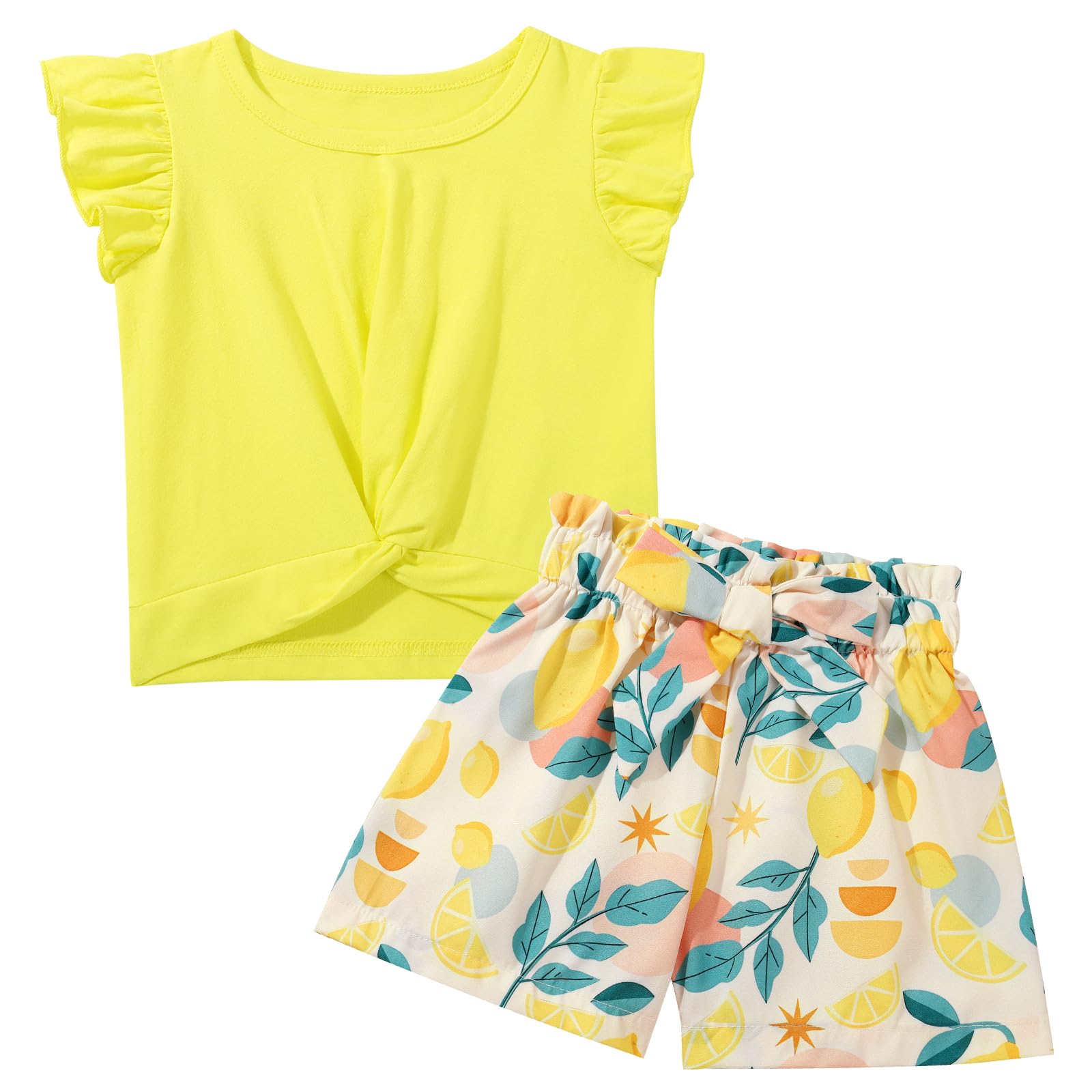 Valcatch Toddler Girl Short Sets Ruffle Short Sleeve Twist Front T-Shirt Bowknot Shorts Two Piece Kids Girls Summer Clothes