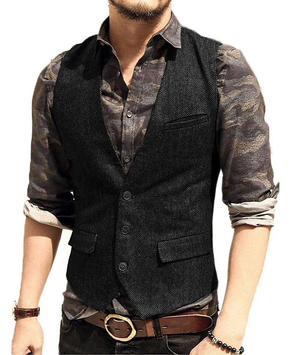 Pretygril Men's Casual Suit Vest Slim Fit Wool Tweed Solid Waistcoat Groomman(Black, L)