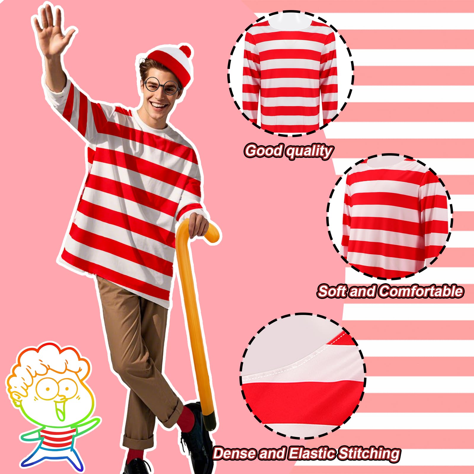 5 Pcs Red and White Striped Wally Costume for Adult World Book Day Fancy Dress Red and White Stripe T-Shirt Beanie Hat Glasses Inflatable Cane Socks - Image 4