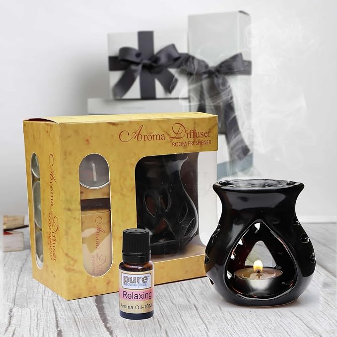Pure Source India Ceramic 97 Aroma Burner Gift Set Combo for Diwali Gifting, Home Decor, Birthday Gift, Housewarming, Meditation & Spa (Black)