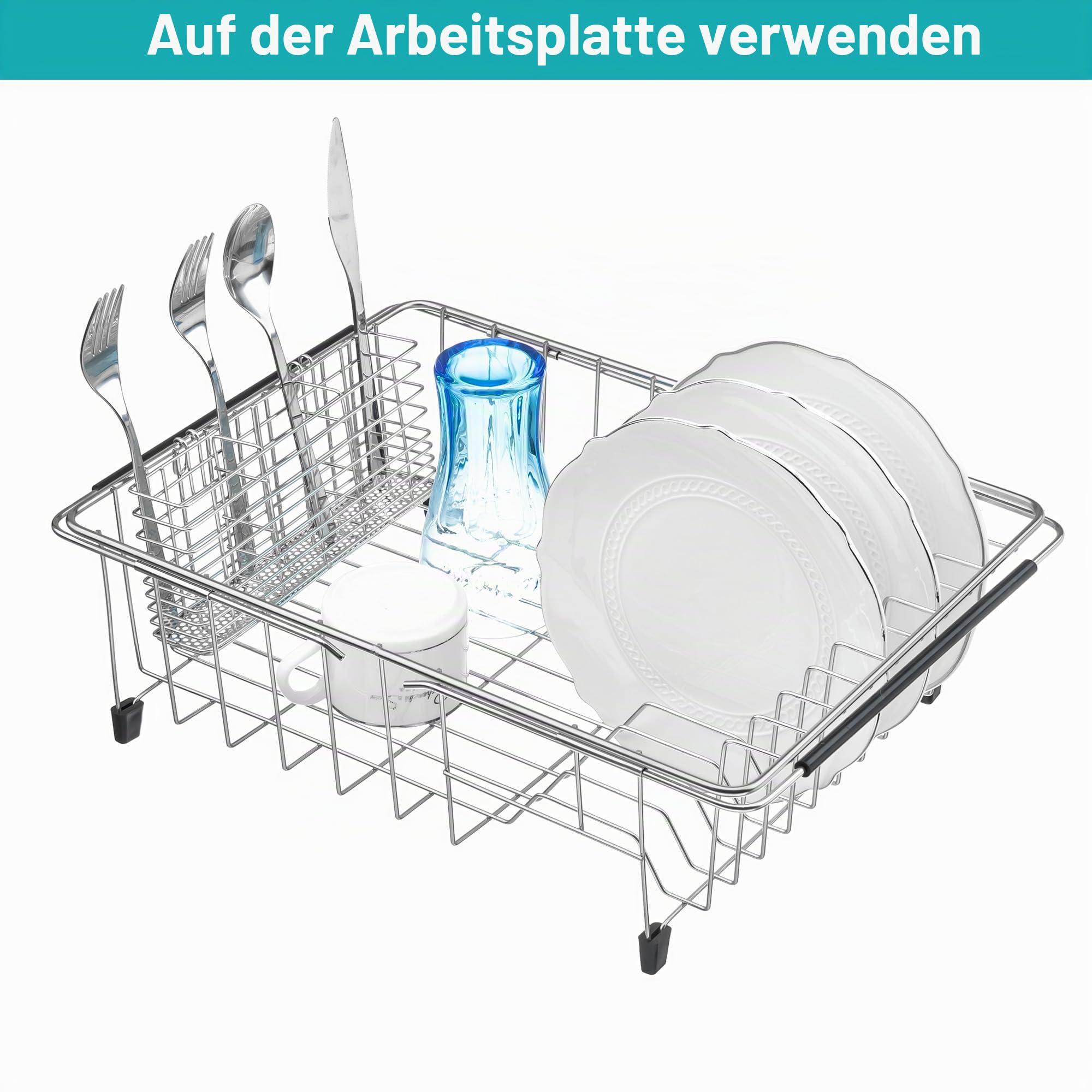 iPEGTOP Erweiterbares Abtropfgestell für Geschirr – Rostfreies Edelstahl Abtropfkorb für Spüle, Multifunktionaler Geschirrständer mit Besteckhalter, Innen-Sink-Organizer